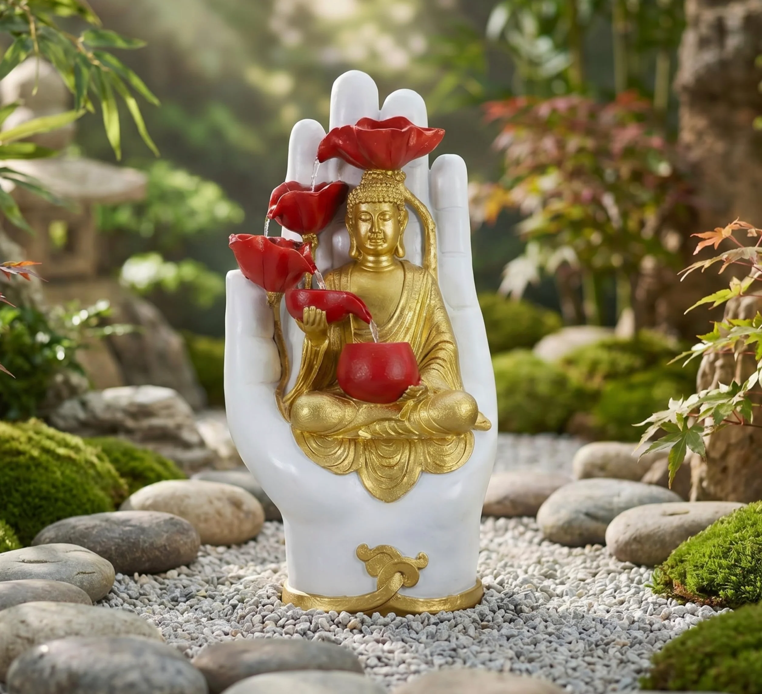 Statue de Bouddha Fontaine Solaire 58cm, Recharge USB ou Panneau Solaire câble 5m & télécommande, Décoration Jardin Fontaine Zen LED, Bouddha Decoration Intérieur & Extérieur