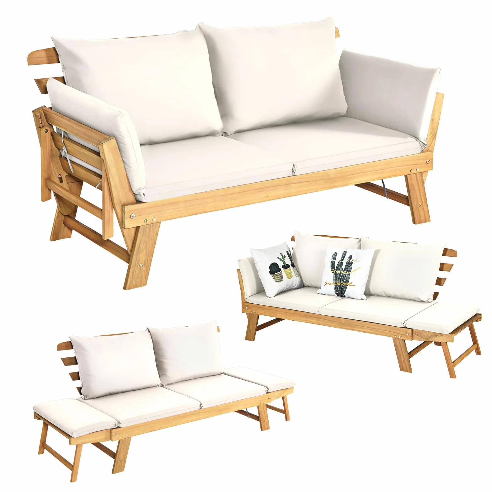 COSTWAY 3 en 1 Canapé Lit de Jardin Convertible, Canape Exterieur 2-4 Places en Bois d’Acacia, Charge 320 KG, Accoudoir Réglable, Coussins Amovible & Lavable, pour Salon Porche Balcon (Blanc)