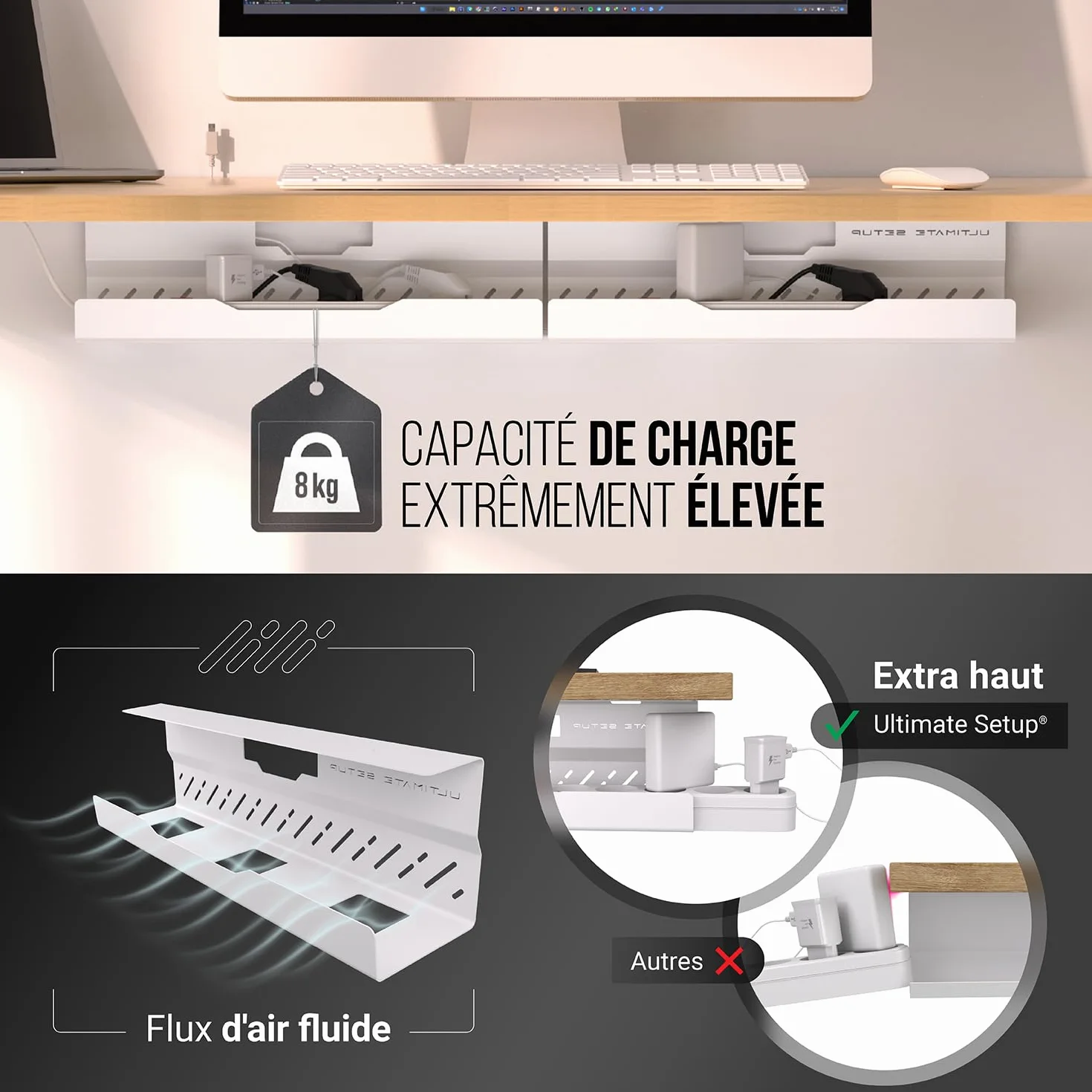 Cable Management Bureau sans percer - Chemin de Câble Flexible Grande Capacité Blanc Lot de 2
