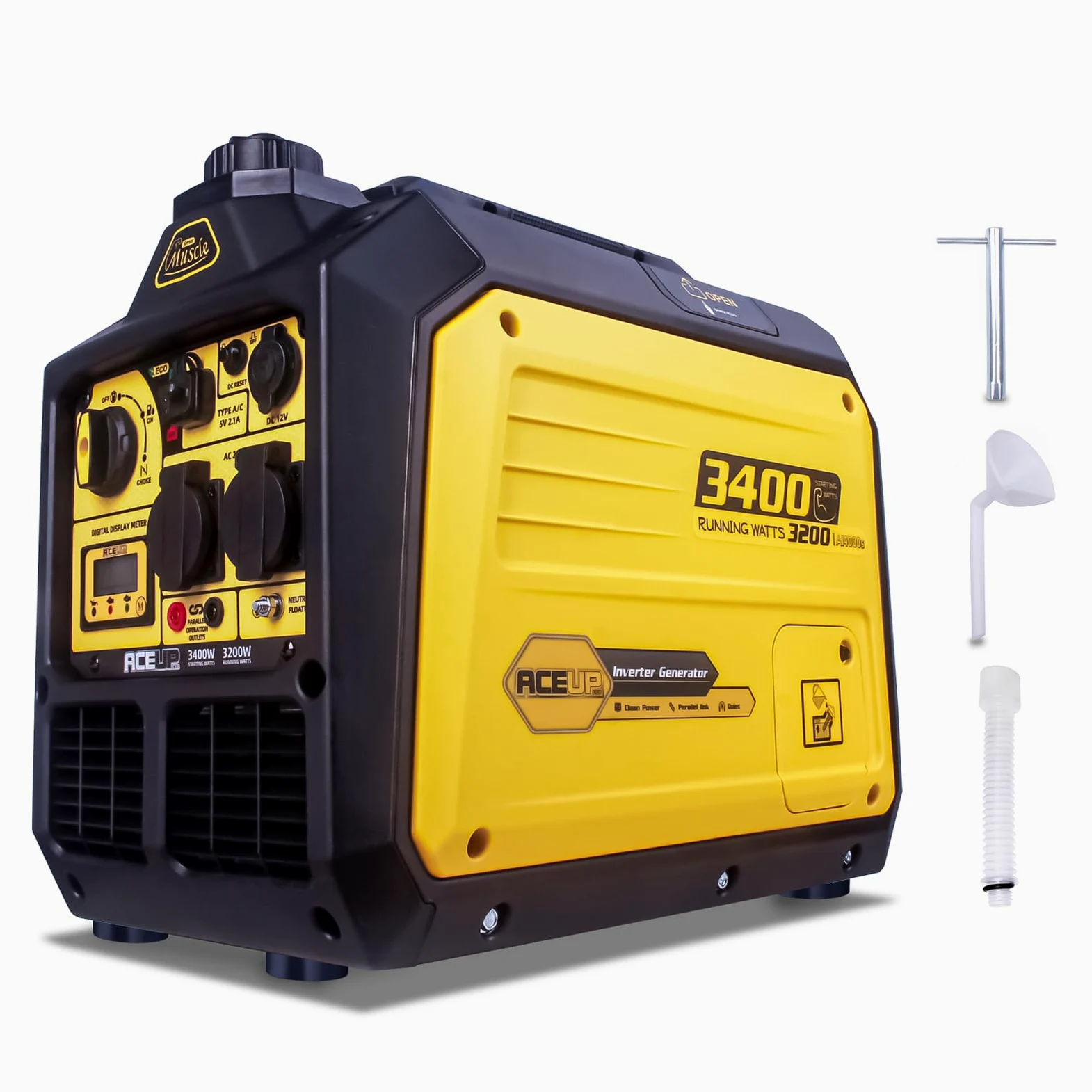 Aceup Energy 3400 W Générateur à onduleur, générateur à essence, générateur de secours avec prises de courant CA 230 V, 12 V et 5 V, moteur 4 temps, réservoir de 5 litres, pour le camping, la maison