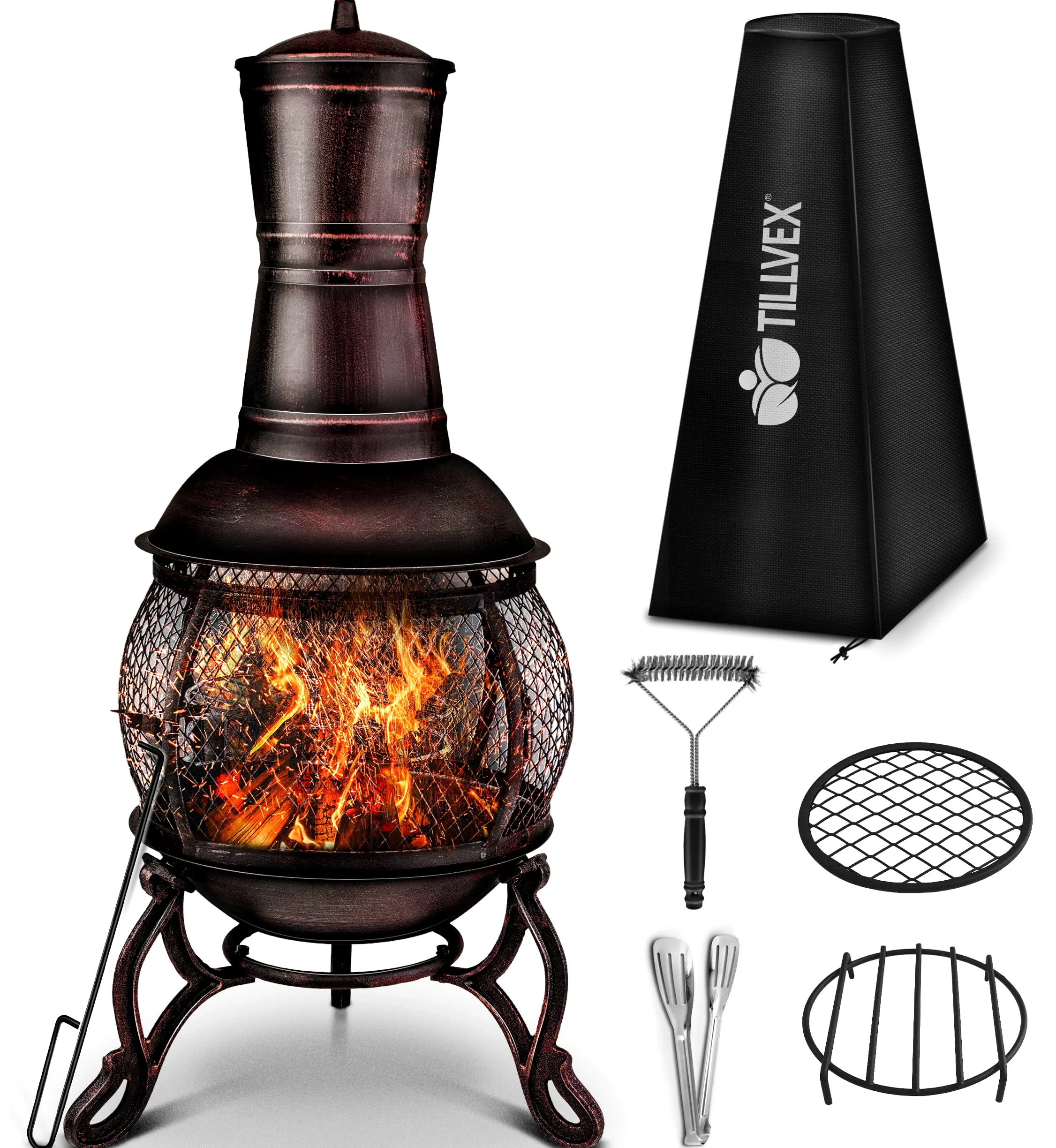 tillvex Cheminée de terrasse extérieure avec Grill | Brasero Mexicain avec Pare-étincelles | Chauffage de Jardin avec Housse | Poêle à Bois | Tisonnier + Grille, BBQ + Accessoires XXL