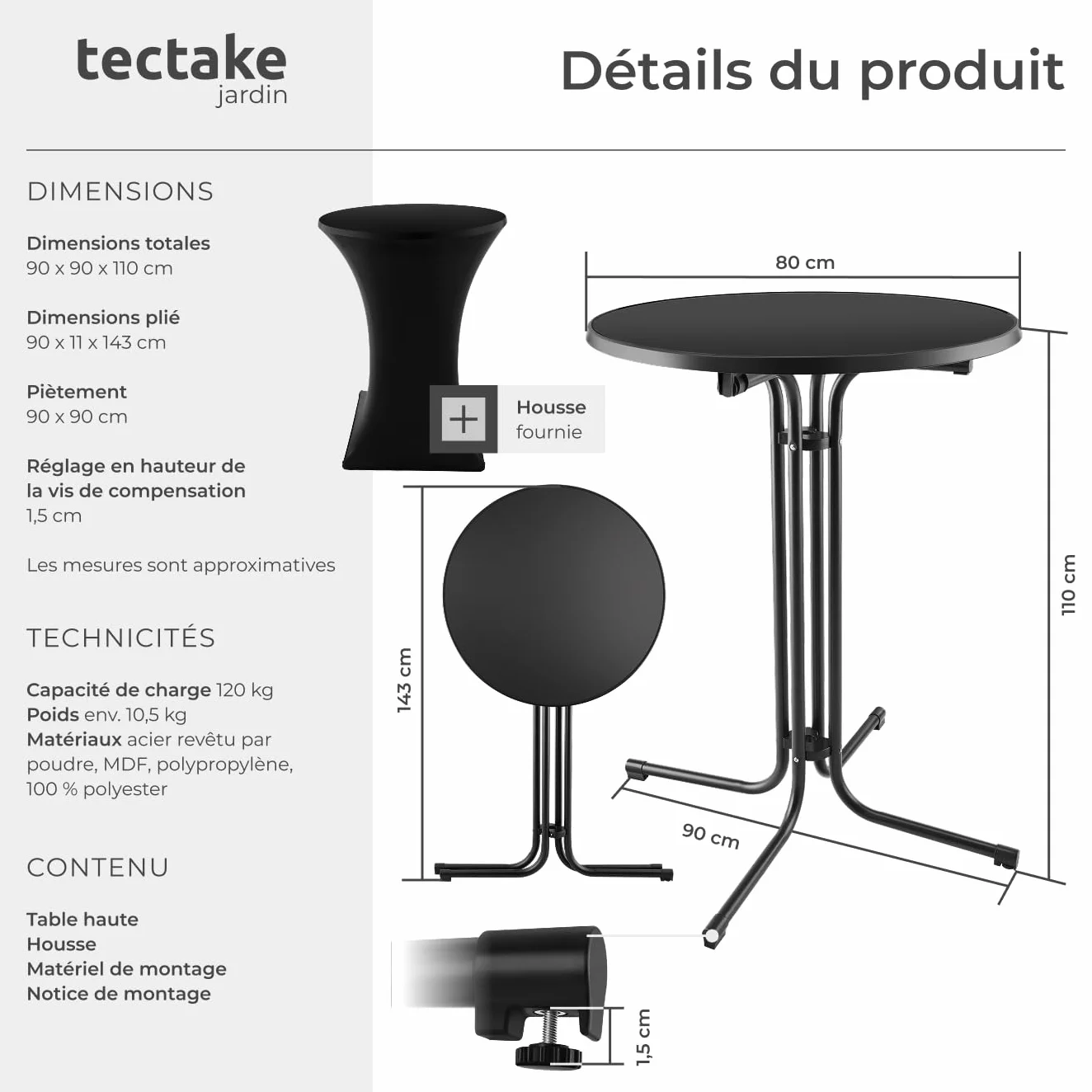 Tectake Table de Bar Ronde Pliante Acier laqué Ø 90cm x 110 cm Housse Incluse