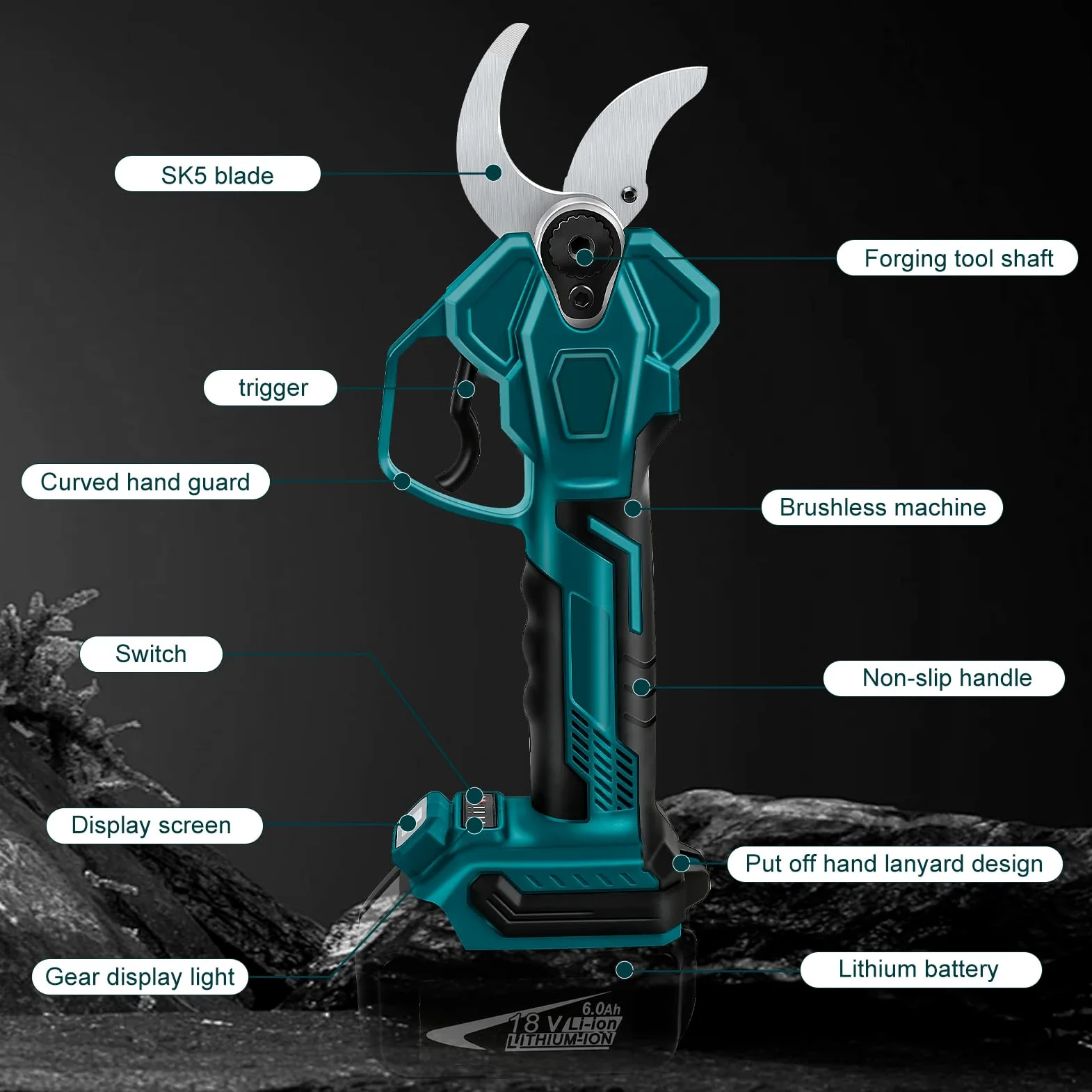 Sécateur Électrique Sans fil Compatible avec Makita 18 V (Sans batterie) ﻿ | 65mm Secateur à batterie Professionnel Secateur de Jardin avec LCD, Moteur Sans Balais pour Jardinage, Vigne, Arbre Fruitier