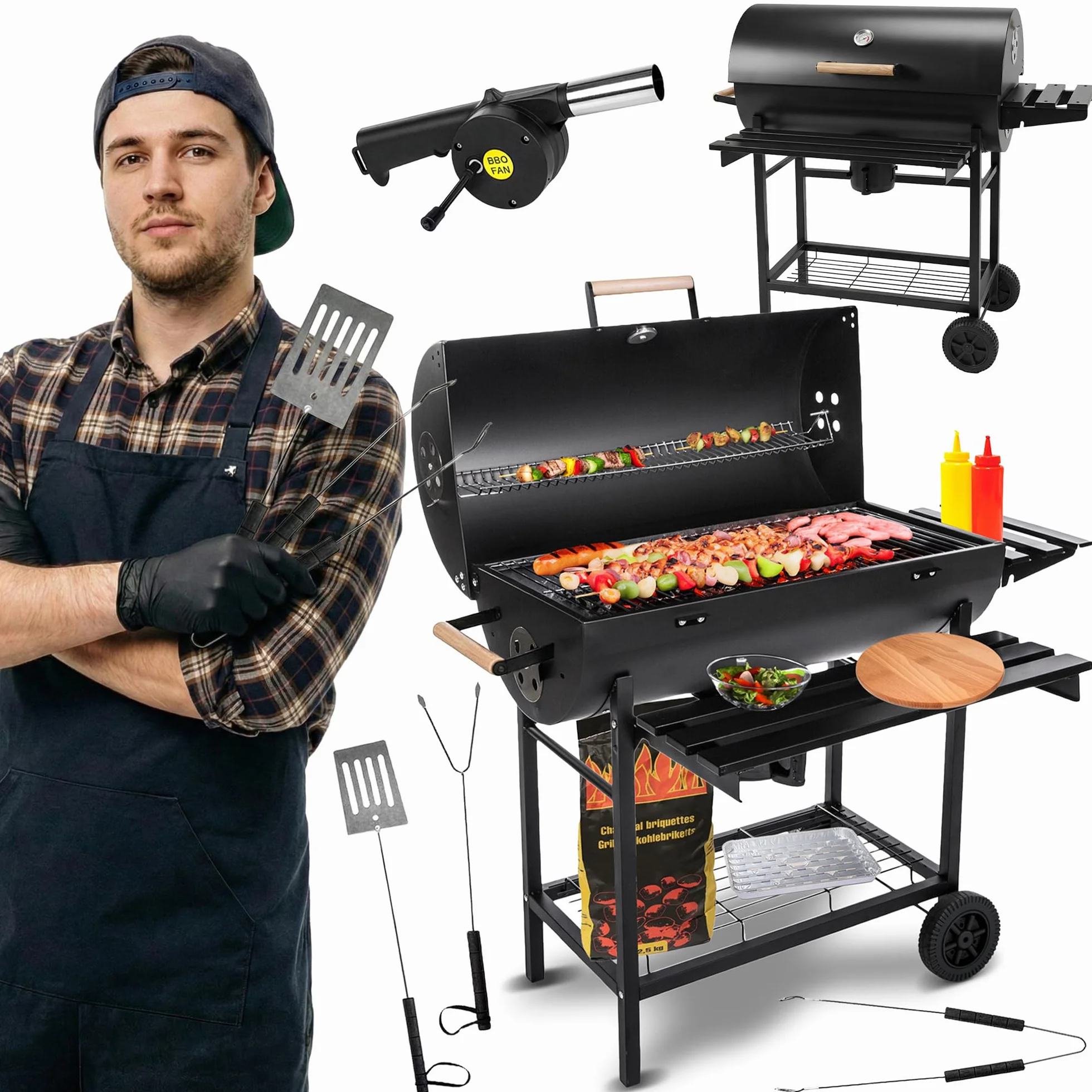 Five-Star Grill & Chill Barbecue charbon de bois - barbecue de jardin, barbecue charbon grande grille chromée 71×35 cm, couvercle, cendrier, thermomètre, deux roues de transport, BBQ, GC0002