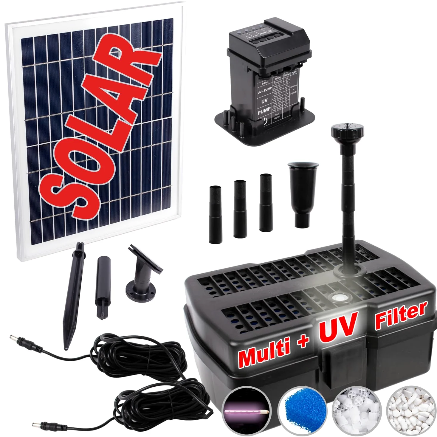 AMUR Fontaine de Bassin Solaire - Kit avec Filtre UV Anti-Algue et Minuterie et Panneau Solaire Stable (Aqua-Vital 12-UV-C)