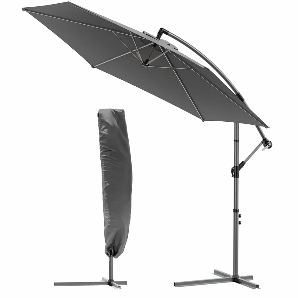 Vounot Parasol déporté hexagonale 3M avec manivelle anti-retour toile 180 gr/m2 protection UV gris