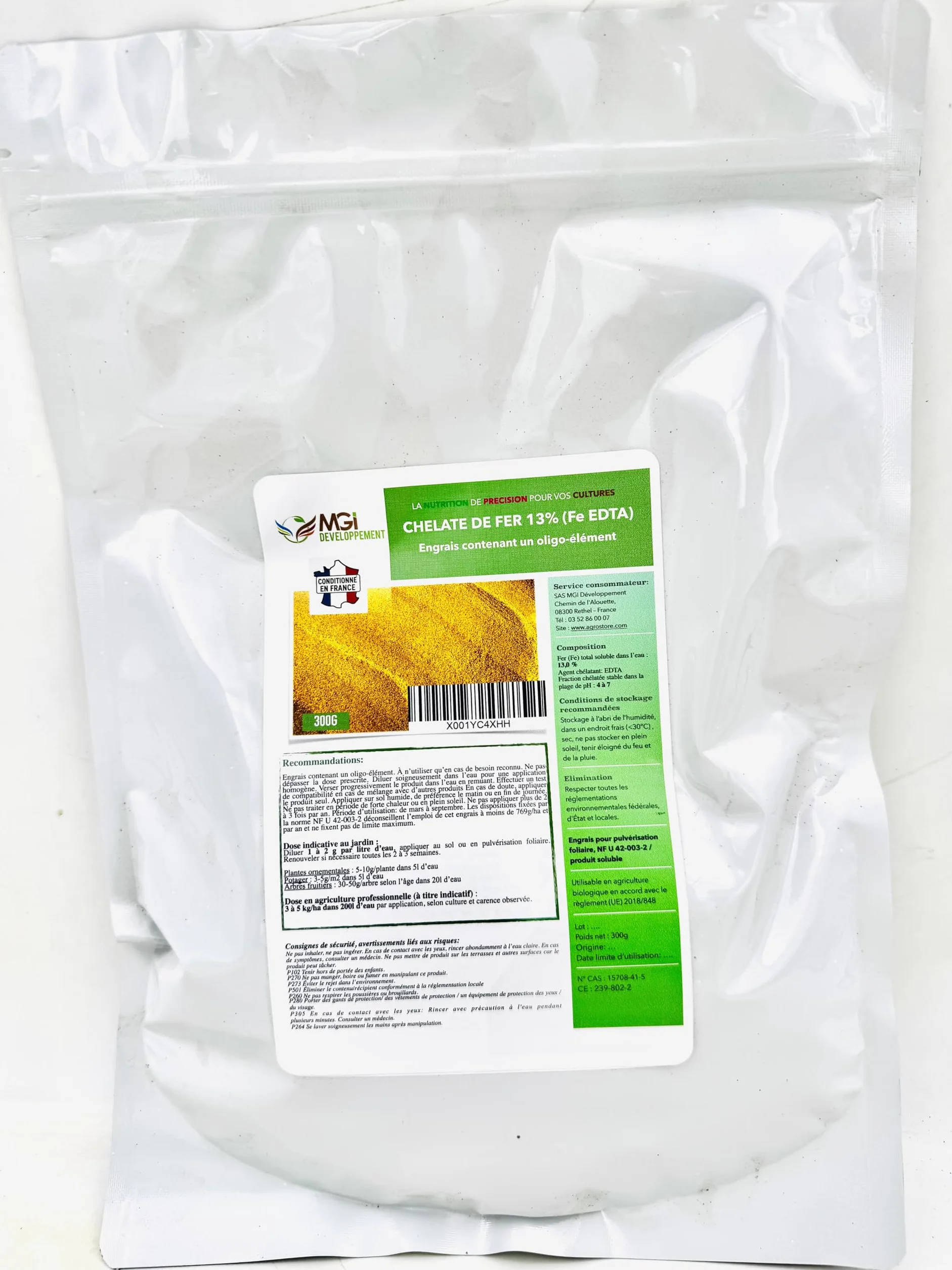 300 gr - Chélate de Fer 13% EDTA – Anti-Chlorose – Fertilisant Reverdissant – 100% Soluble – Utilisable en Agriculture Biologique – Conditionné en France dans une PME