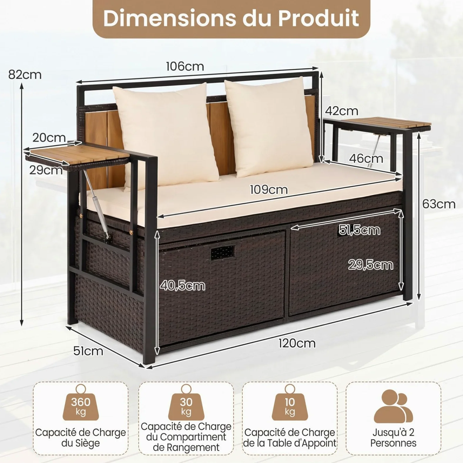 COSTWAY 2 en 1 Banc Coffre Extérieur en Rotin PE, Banc de Jardin 2 Places avec Coussins, Coffre de Rangement 142,5 L, 2 Tables d'Appoint Pliables, Charge 360 kg, pour Terrasse Jardin Balcon (Blanc)