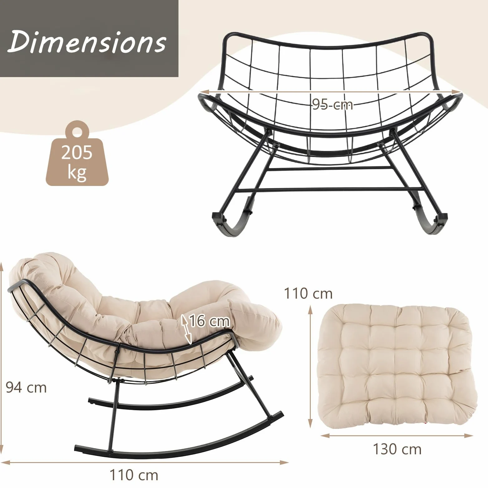 RELAX4LIFE Fauteuil à Bascule de Jardin, Chaise Papasan avec Coussin et Cadre en Métal pour Intérieur et Extérieur, Charge 205KG pour Chambre Salon Porche Jardin Terrasse (Beige)