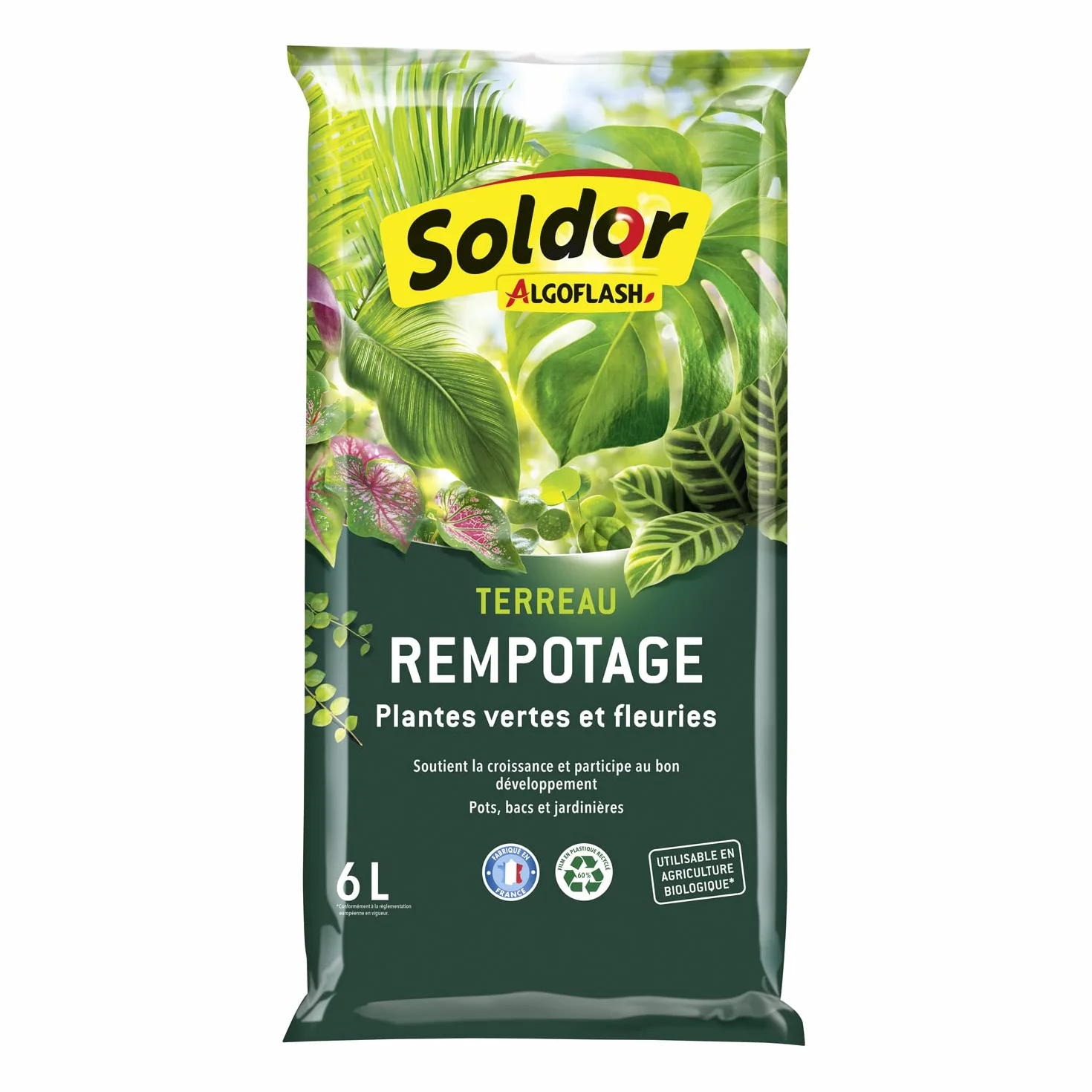 ALGOFLASH Terreau Rempotage Plantes Vertes et Plantes Fleuries, UAB, Prêt à l'Emploi, Fabriqué en France, 6 L,TREMP6