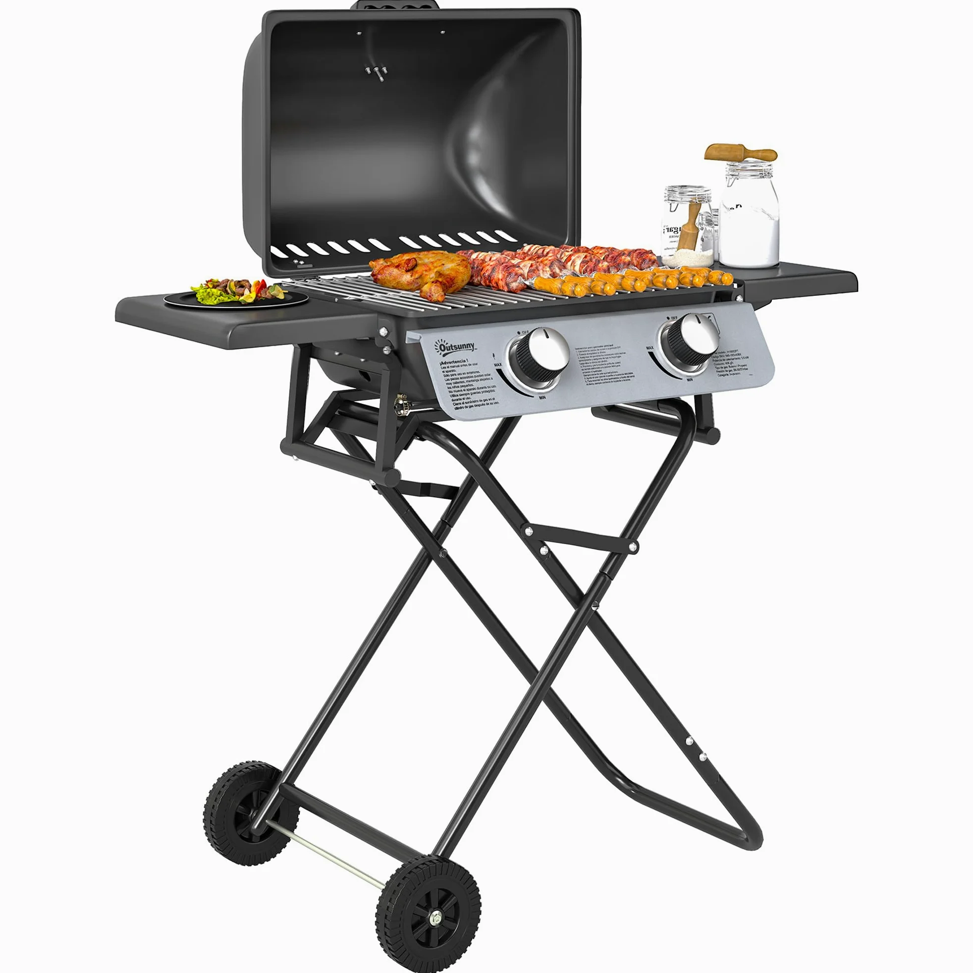 Outsunny Barbecue Gaz Transportable Pliable, 2 Brûleurs 5,6 kW, Barbecue Gaz de Camping avec Grille de Cuisson, Étagères Latérales, Couvercle, Thermomètre et Roues, pour Camping Jardin Balcon, Noir