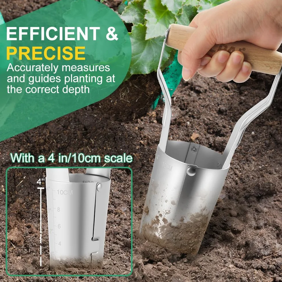 Outil de Perforation de Jardin, Plantoir à Bulbes avec Pointe en Fer Chromé et Manche en Bois Solide, Outil de Jardinage avec Graduation et Manche en Bois, Perforatrice + Repiqueuse de Semis