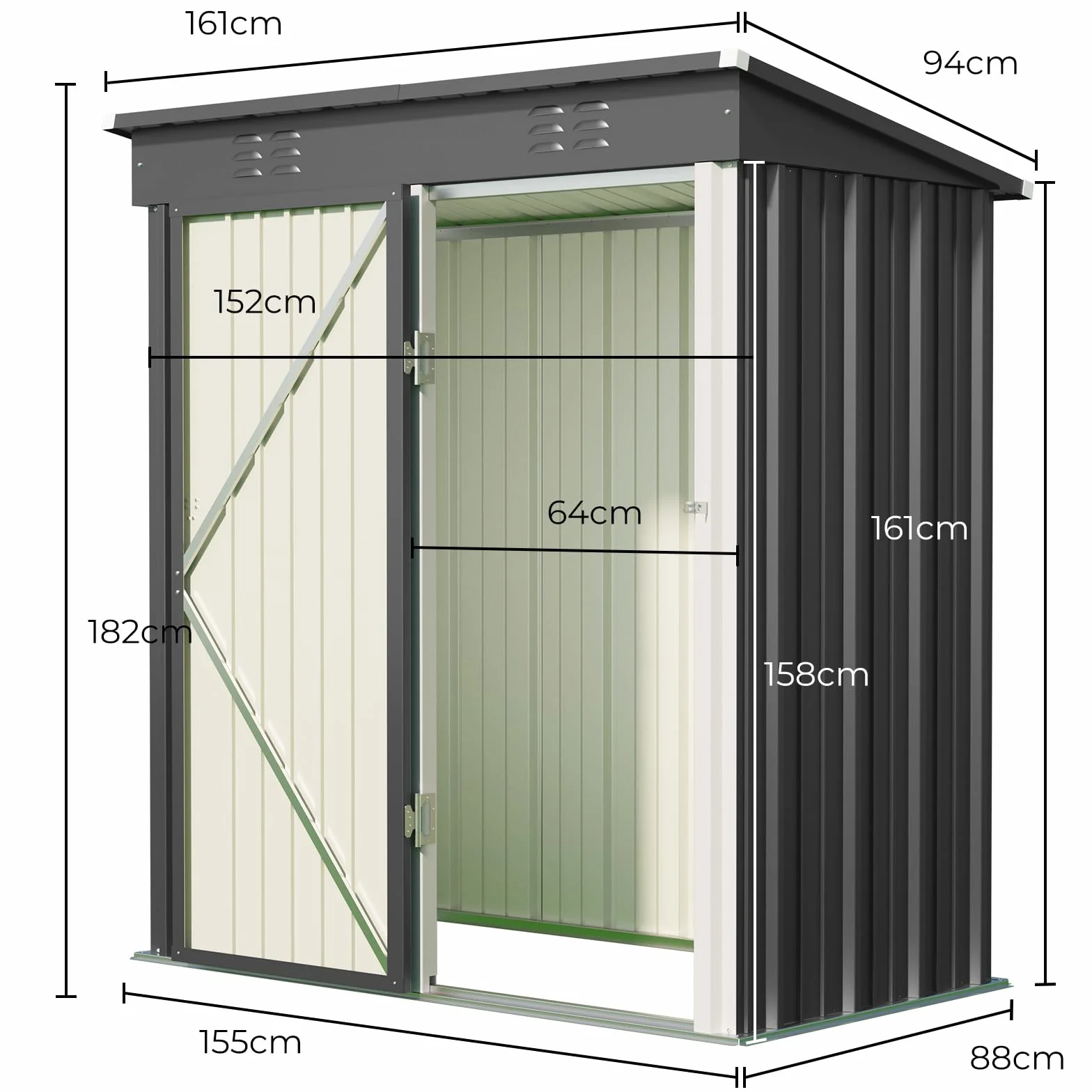 Abri De Jardin Métallique 182x161x94 cm Gris avec Étagères Toit Incliné Ventilation