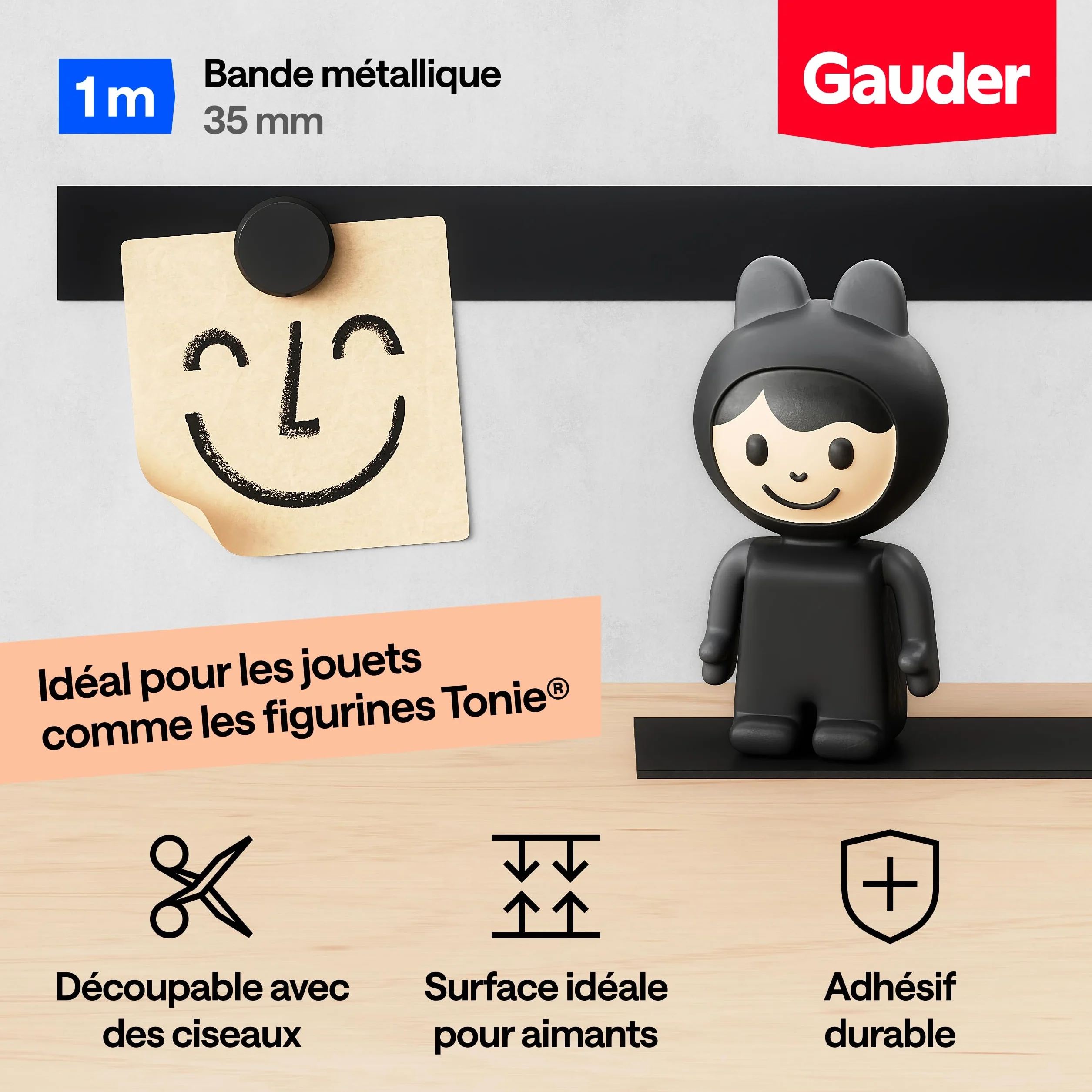 GAUDER Ruban magnétique autocollant 1 m x 35 mm noir pour aimants figurines Tonie® bricolage