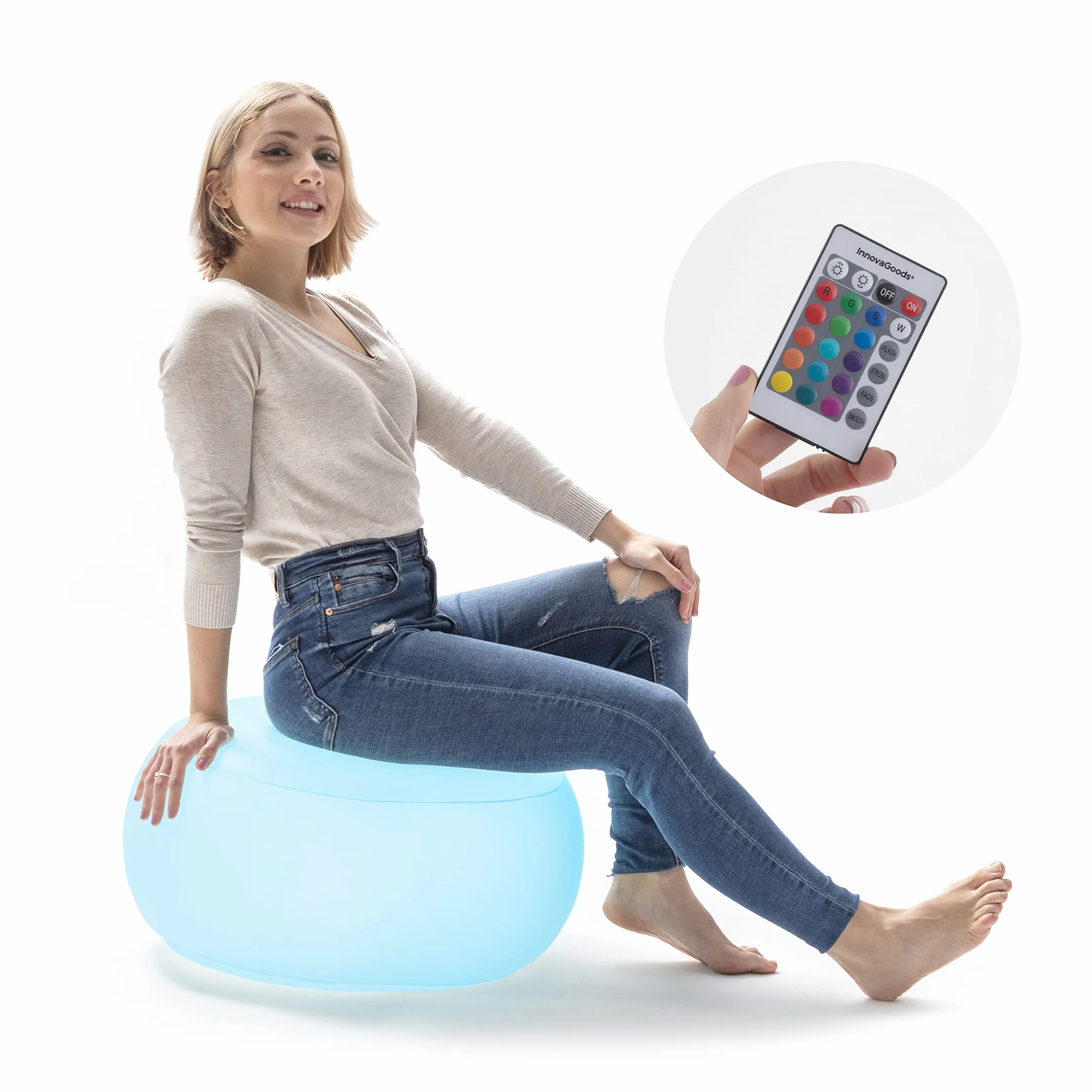 InnovaGoods - Pouf Gonflable LED Multicolore avec Télécommande, Résistant à l'eau, Pompe Incluse, Portable et Léger, Idéal pour Intérieur et Extérieur, Blanc, Unica, Plastique