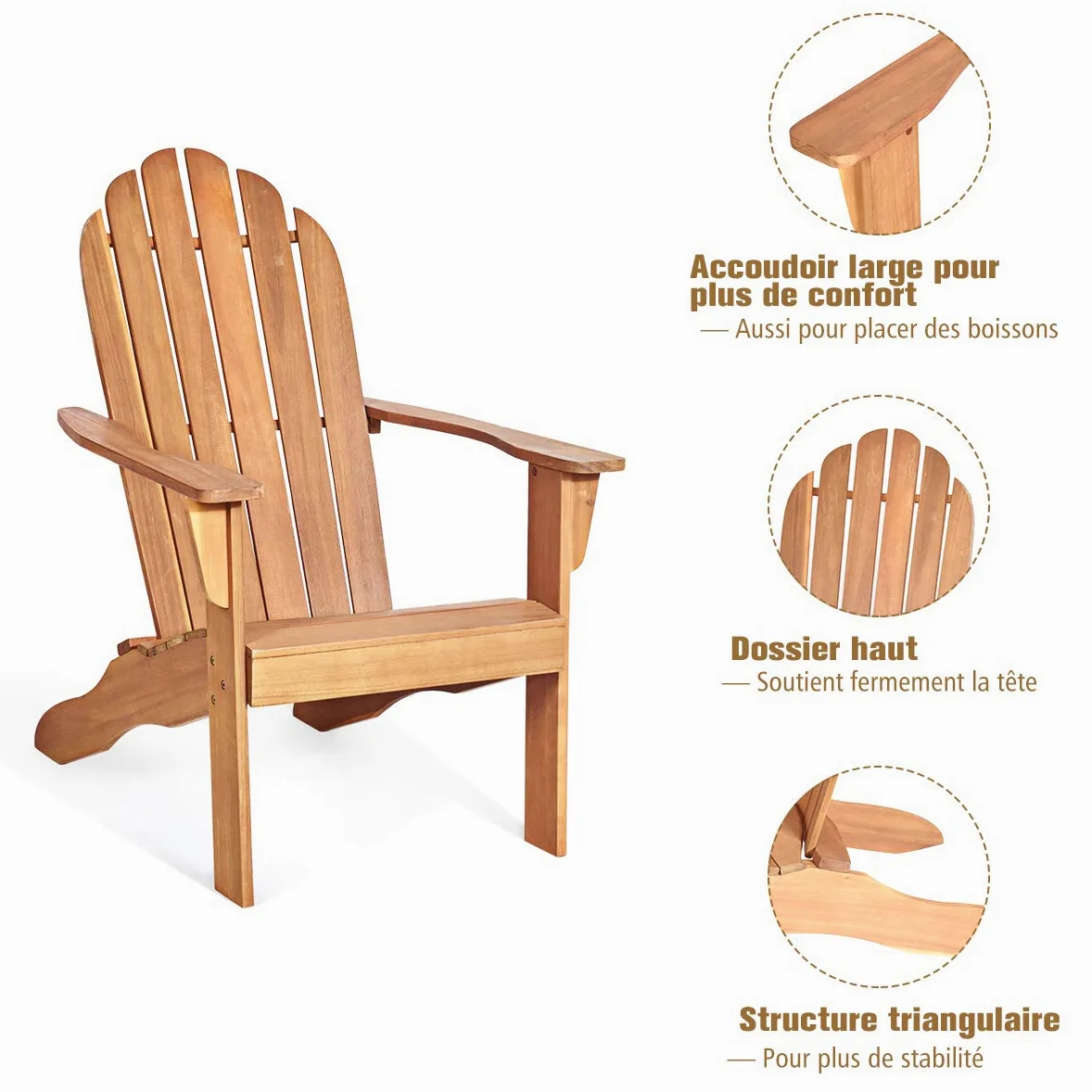 GOPLUS Fauteuil Jardin Exterieur avec Dossier Incurvé, FSC 100%,Fauteuil Adirondack en Bois Massif, Chaise Adirondack, Charge 180 kg, Idéal pour Jardin, Terrasse, Piscine (69x88x103CM,Naturel,1)