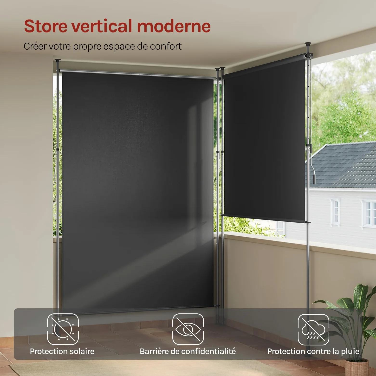 WOLTU Store Vertical Rétractable avec Manivelle, 200x310 cm, Brise-Vue Vertical Balcon, en Tissu Opaque, Protection Solaire, Résistant aux Intempéries, Montage sans Perçage, en Gris
