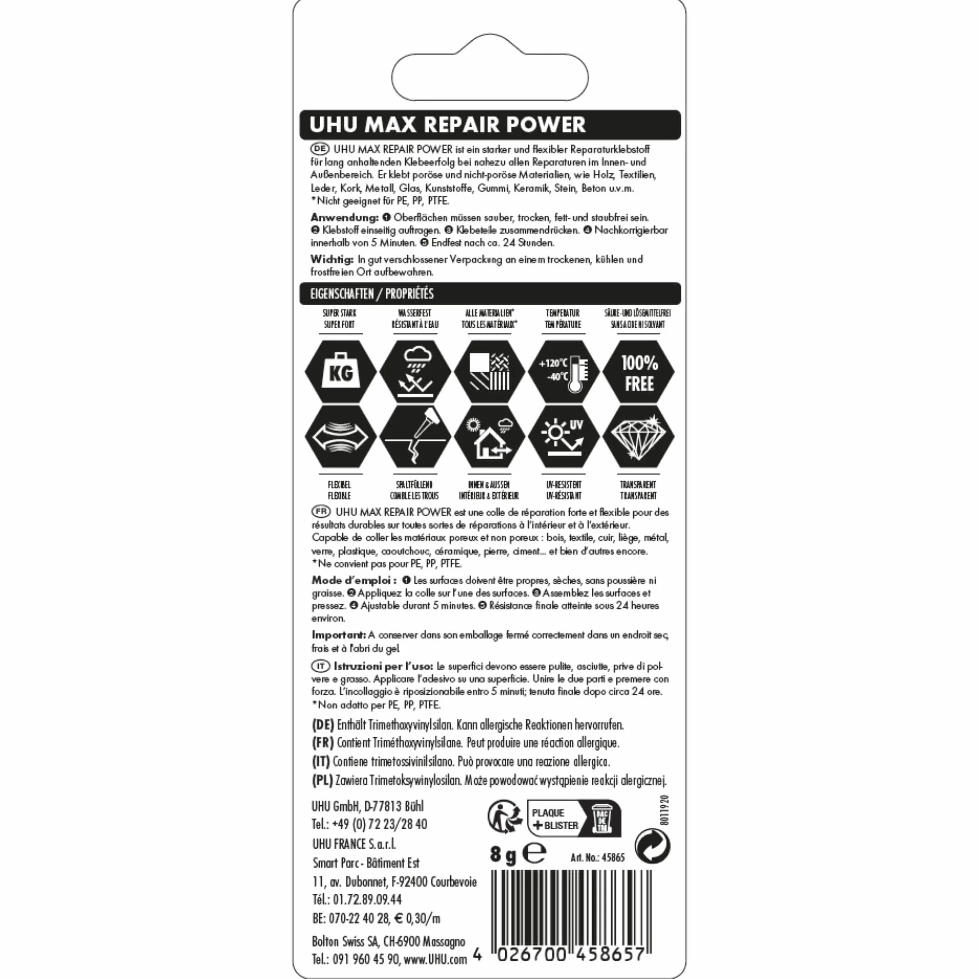UHU Max repair power Colle Extra-Forte et Flexible Universelle Tous Supports Tube 8 g