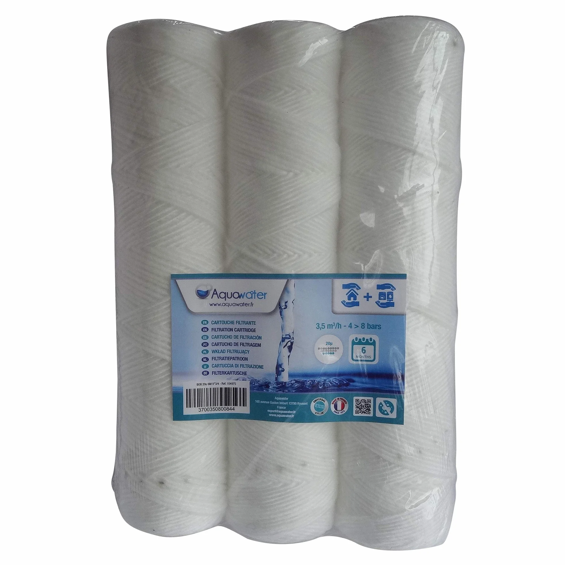 AQUAWATER Lot de 3 cartouches filtrante anti-sédiments bobinée 20 microns 10 pouces pour eau réfrigirateur Fabriqué en France