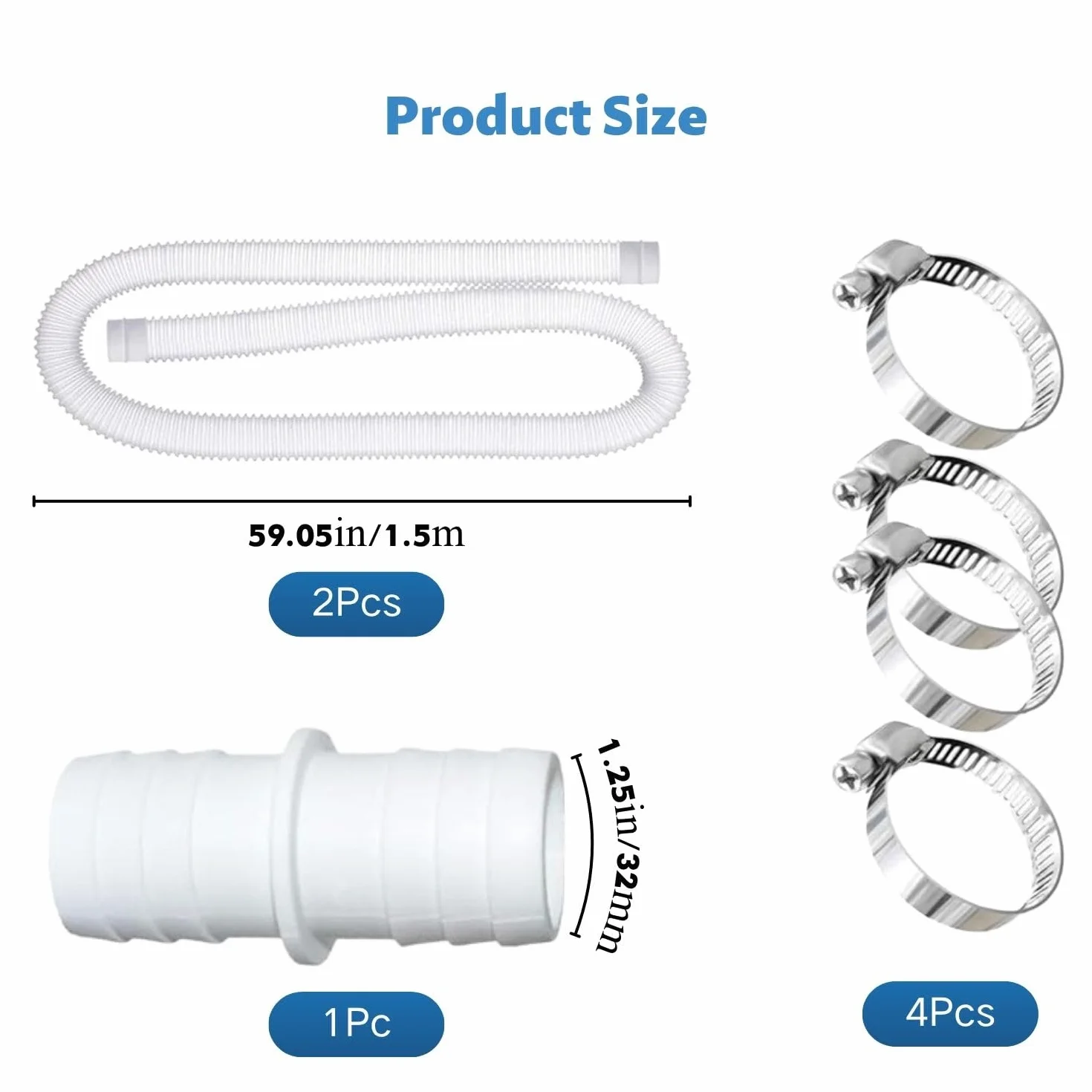 Tuyau Piscine 32mm – 2x Tuyau Flexible avec 4 Clips de Sécurité et 1 Raccord Universel – Compatible avec Toutes les Pompes de Filtration – Installation Facile – Pour Piscines, Spas, Aquariums