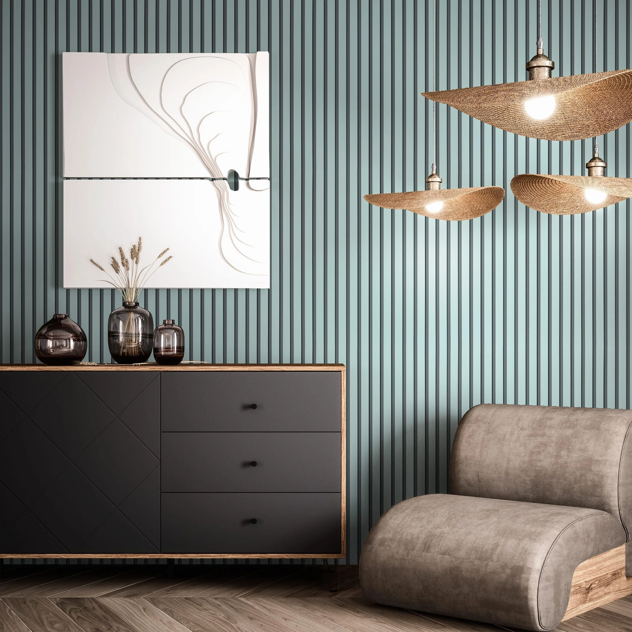 Baker Blue Vlies Holzpaneele Wandverkleidung Skandinavisch Modern Lamellen Wohnzimmer Schlafzimmer