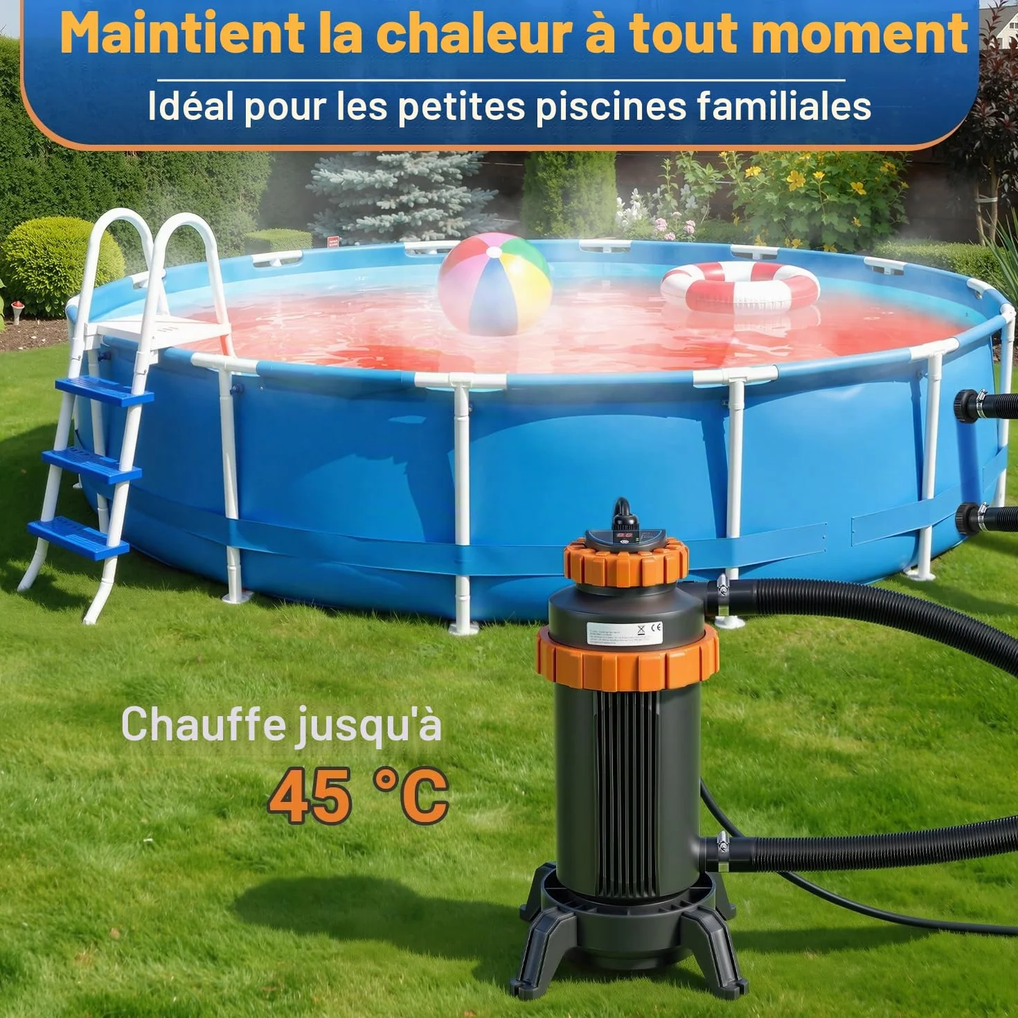 Chauffage électrique piscine Ø 17 x 42 cm interface numérique 32-38 mm protection anti-fuite anti-basculement ignifuge 45 °C