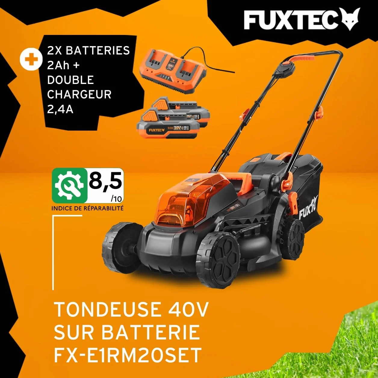 FUXTEC FX-E1RM20-33 cm Tondeuse à Gazon à Batterie 40V (2X20V) Set avec 2 Batteries 2Ah et Double Chargeur 2,4A