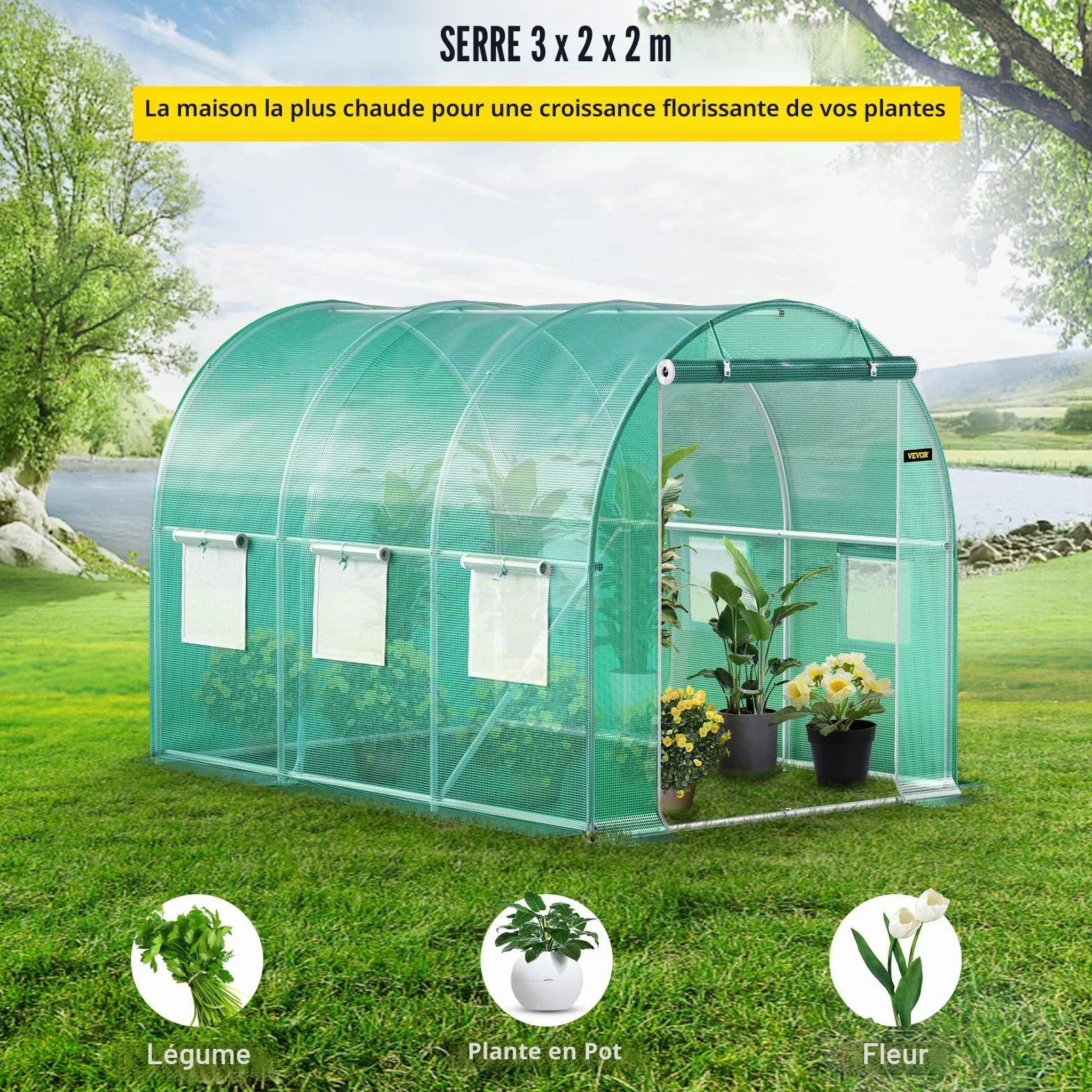 VEVOR Serre Tunnel Jardin 3x2,1x2,1 m Tente Abri Plantes Cadre en Acier Galvanisé Couverture Étanche en PE 1 Poutre Supérieure 2 Poteaux Diagonaux 1 Porte 6 Fenêtres pour Cultiver Légumes Fleurs Vert