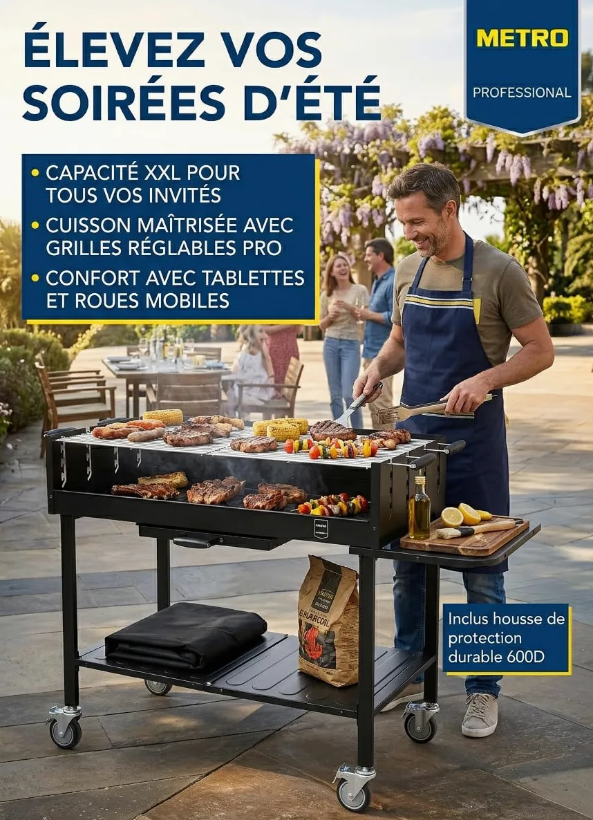 METRO Professional Barbecue DELUXE au charbon de bois sur roulettes, 137 x 68 x 94 cm, housse de protection et tablette, acier/inox, noir