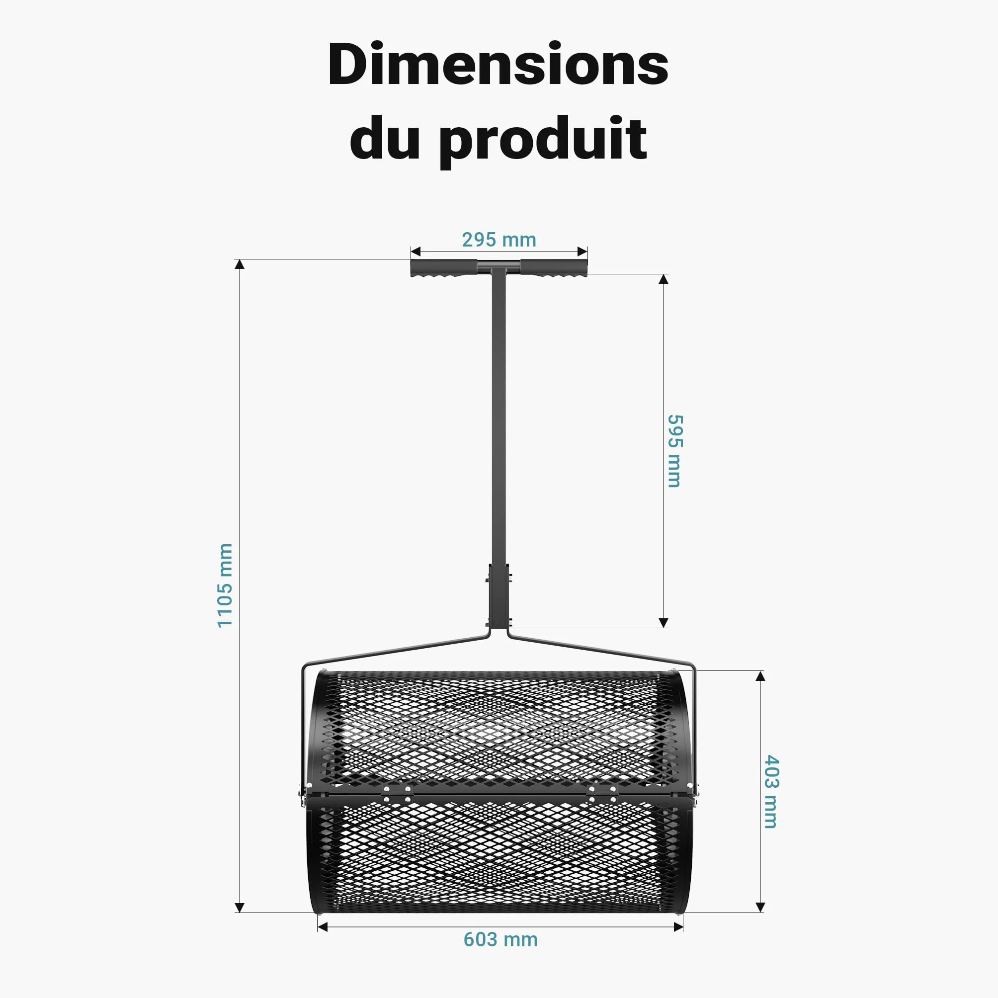 Wiltec Rouleau Épandeur Compost 1100 x 640 x 400 mm Noir Acier Revêtu par poudre 75L Poignée en T Rouleau en treillis