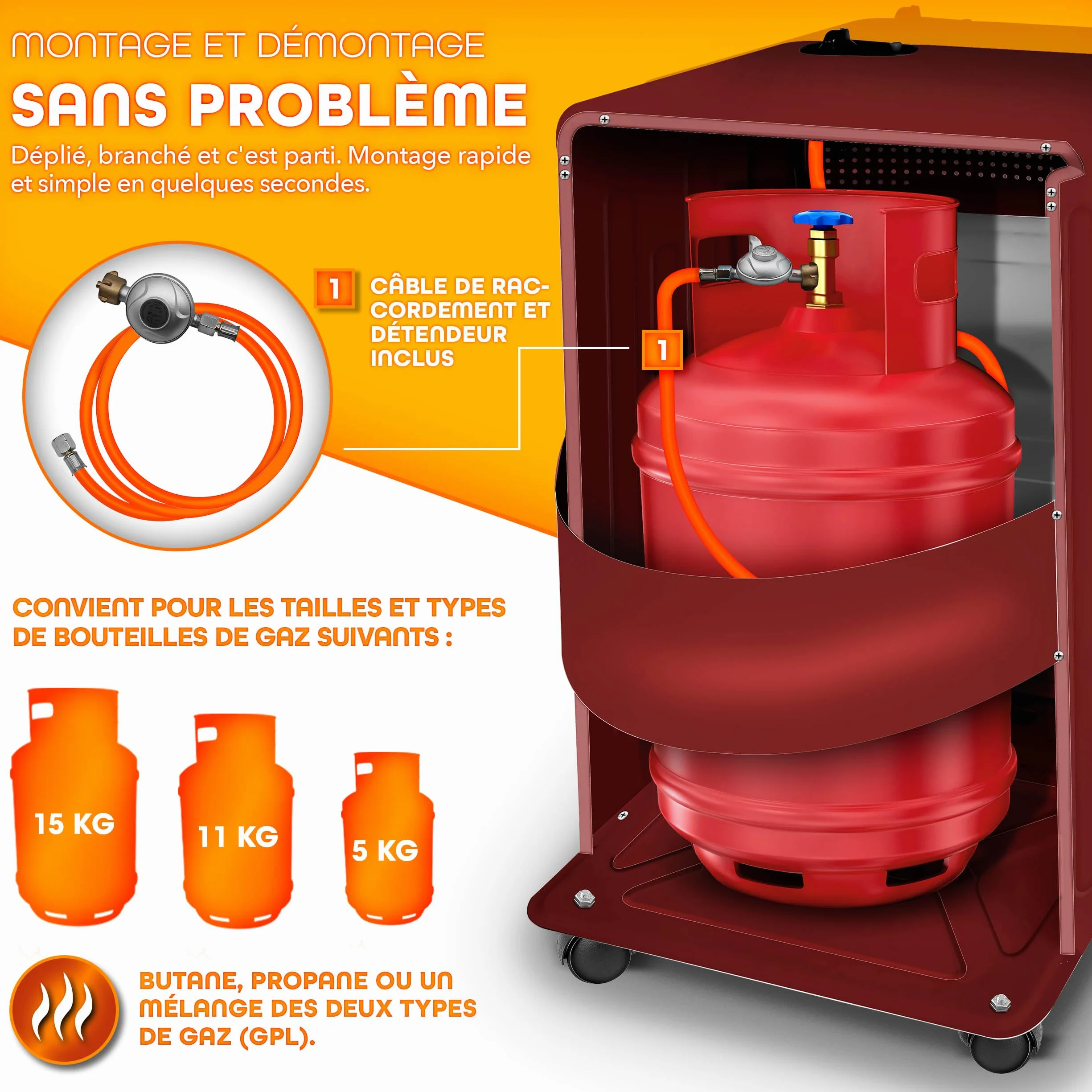 TRESKO Chauffage au gaz portable 4200 W intérieur régulateur de pression tuyau housse protection 3 niveaux chauffage réglables mobile