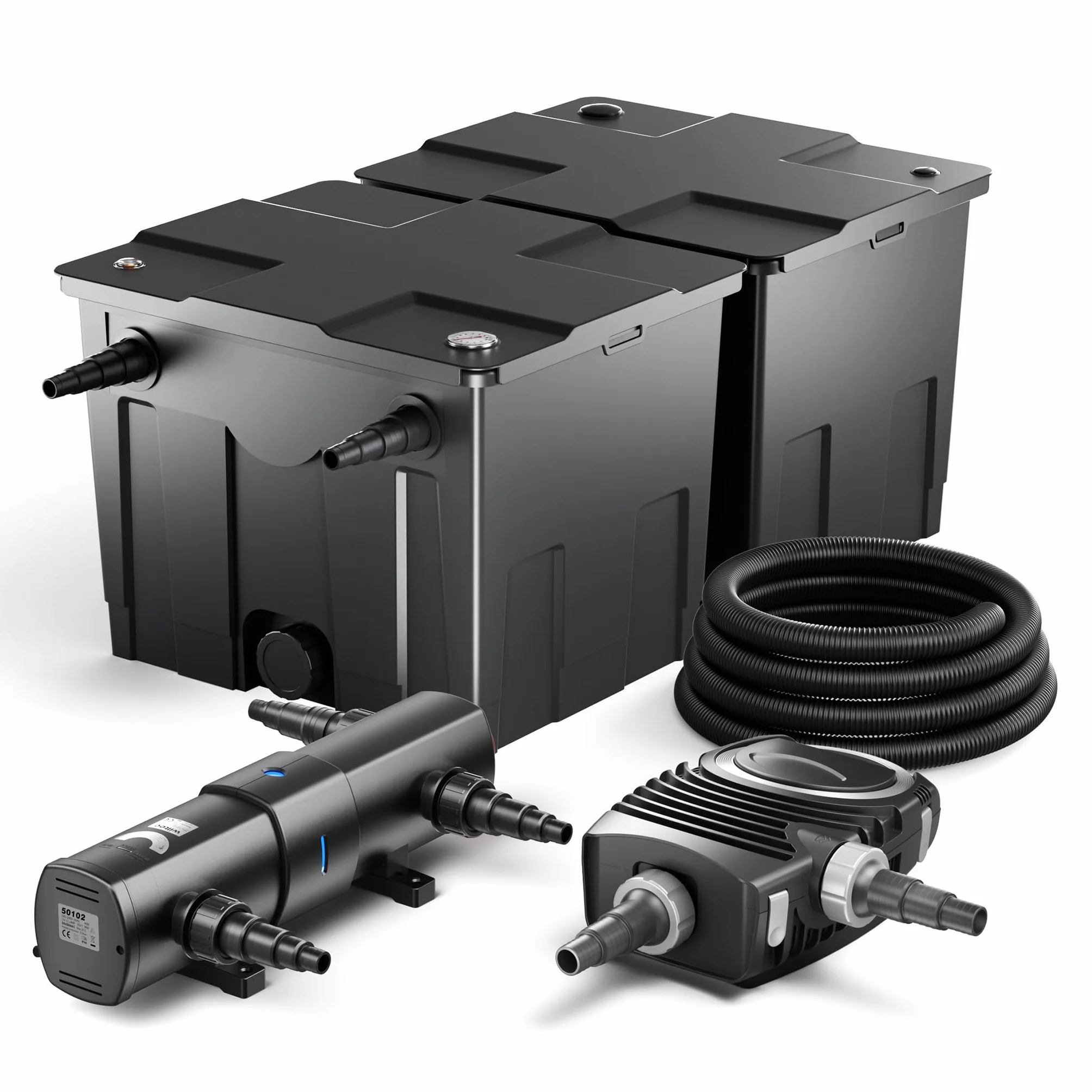 Wiltec Kit complet Filtre de bassin CBF-350B 60000 L Biologique NEO10000 SuperECO pompe 10000l/h 80W CUV-236 lampe UV UVC 36W 25m Tuyau 25 mm