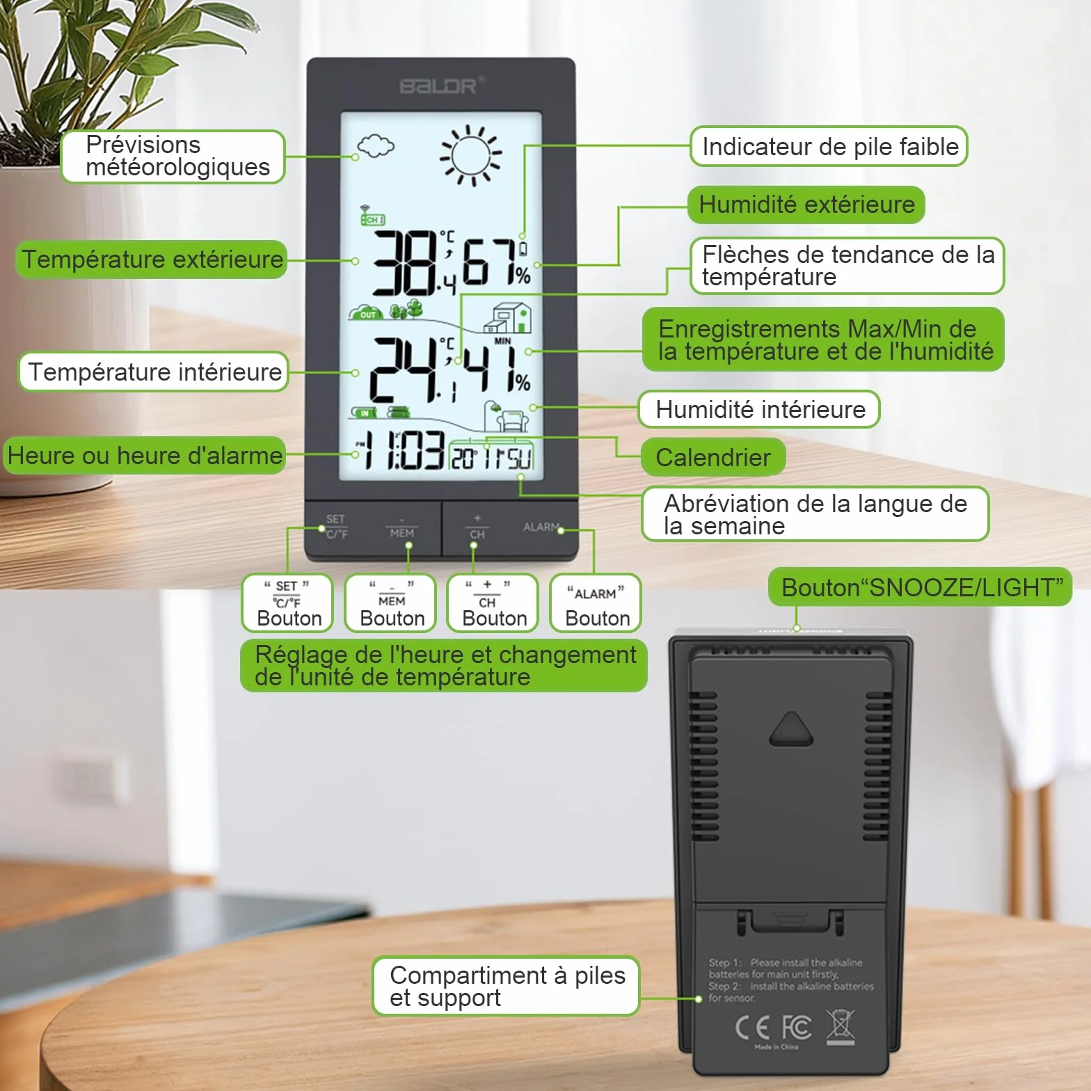 Station Météo Sans Fil Écran LCD 6,0' Capteur Extérieur Thermomètre Hygromètre Prévisions Réveil Noir