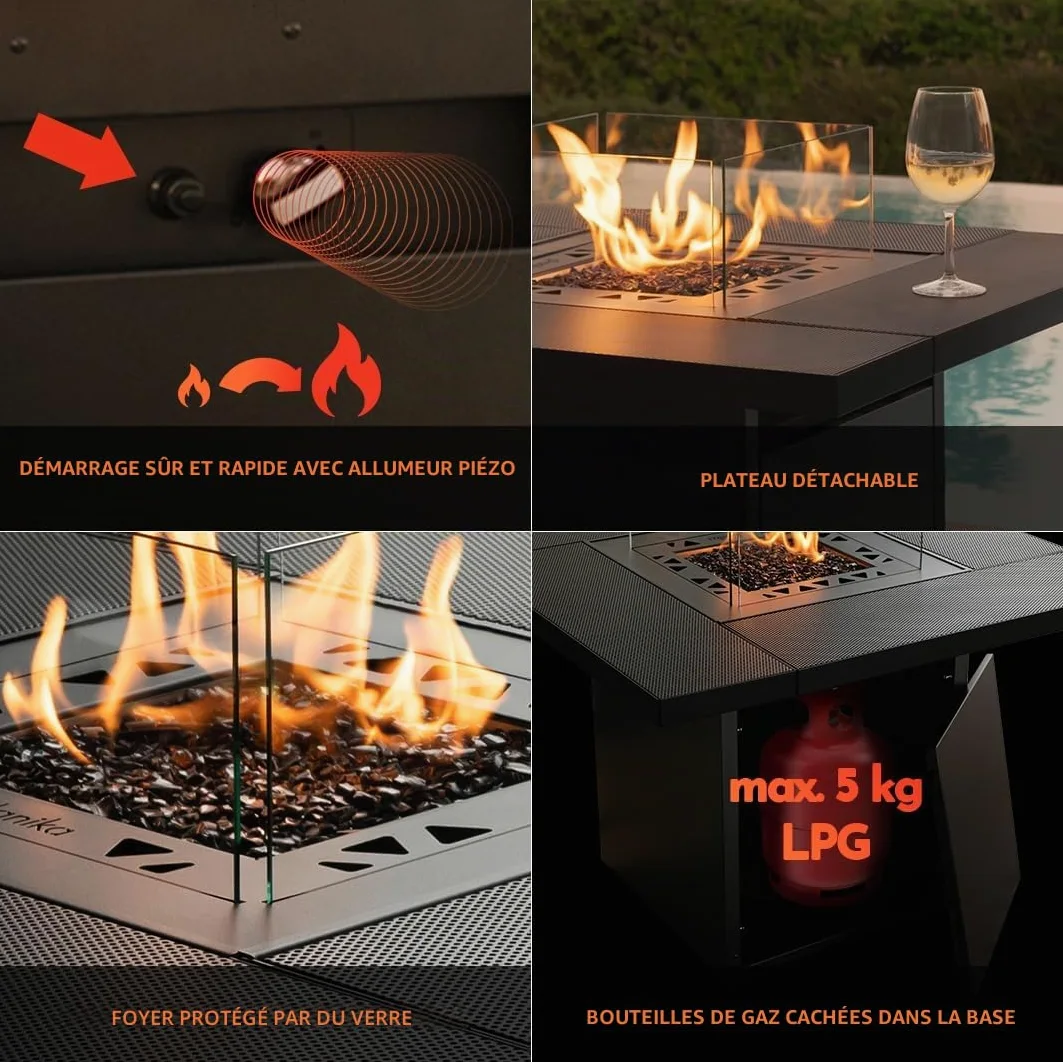 Planika Square Brasero de Table avec Hosse de Protection - Cheminée de Jardin - Chauffage d'Appoint Gaz - Foyer Décoratif - Forme Carré - Plateau de Table Carré - Noir
