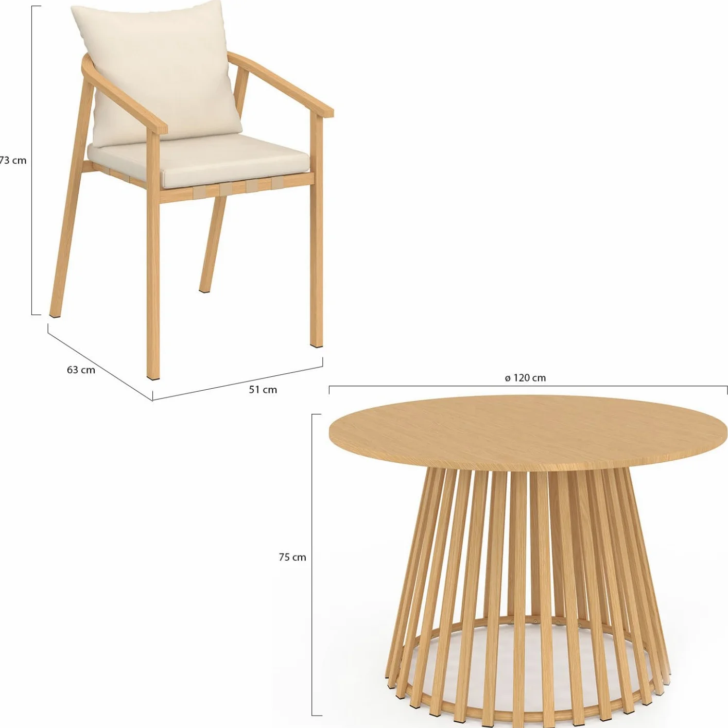 IDMarket - Salon de Jardin SOLAL Table Ronde 120 cm avec Pied Lattes en métal et 6 chaises de Jardin avec lanières et Coussins Beiges