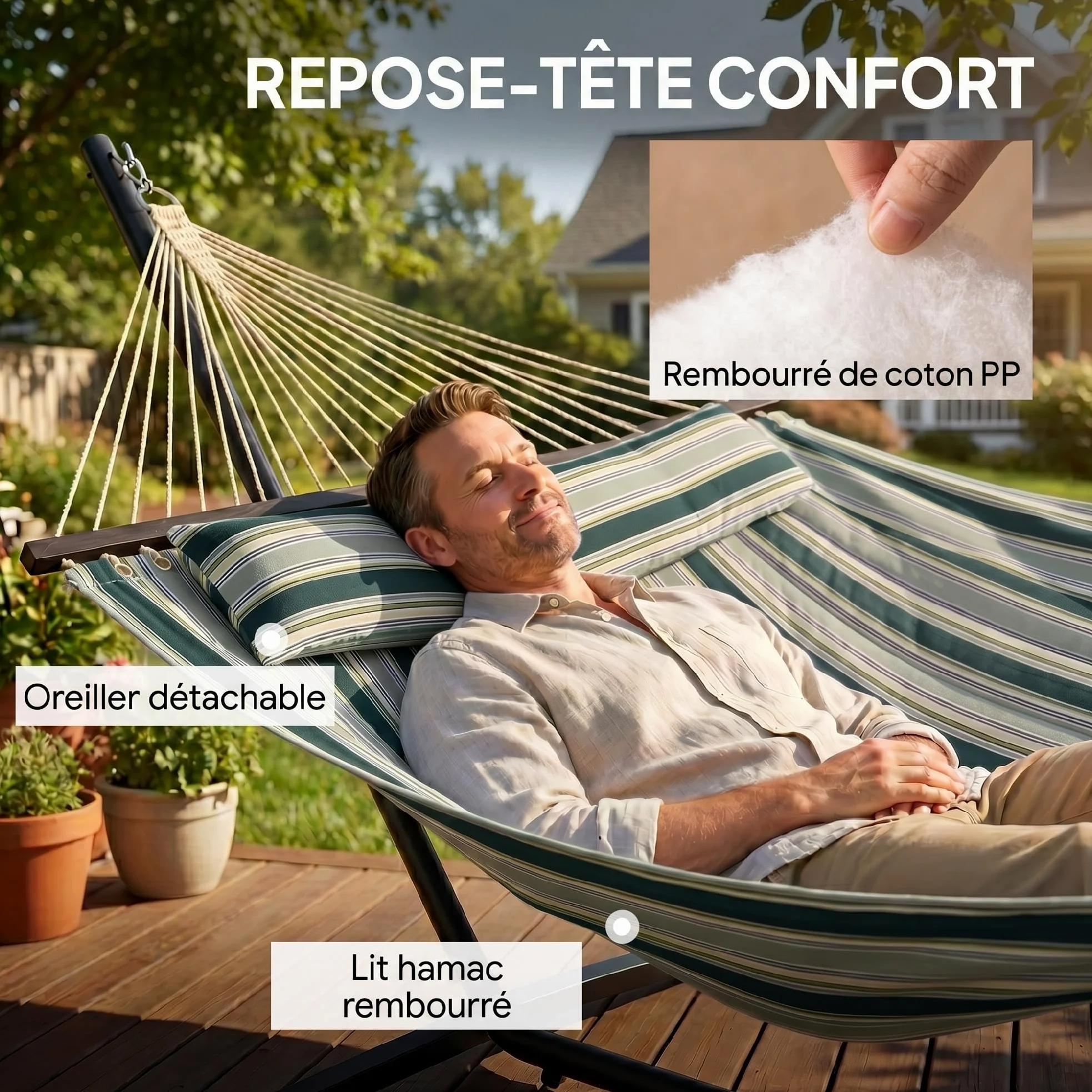 Outsunny Hamac sur Pied 353 cm, hamac avec Support Acier avec Coussin Amovible et Barres d'écartement, pour intérieur et extérieur, lit de Sieste rayé, Vert