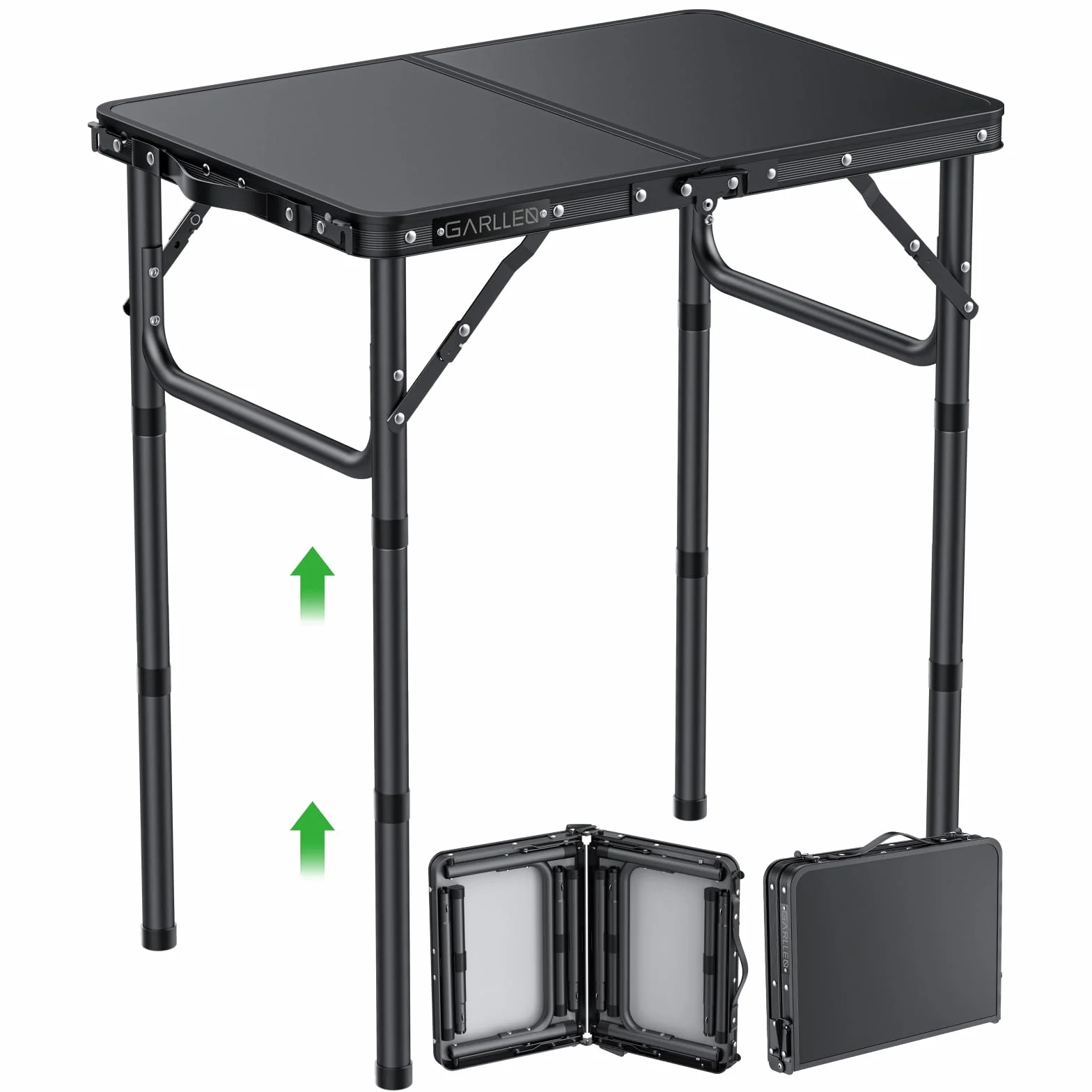 GARLLEN Table de Camping Pliante 58x40 cm 3 Hauteurs Réglables Noir