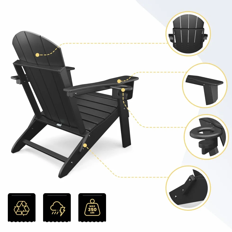 Fauteuil Adirondack pliant Sleek Space pour jardin, patio ou terrasse - Accoudoirs et porte-gobelet - Légère, résistante - Meubles d'extérieur élégants et durables pour terrasse, plage, piscine (Noir)