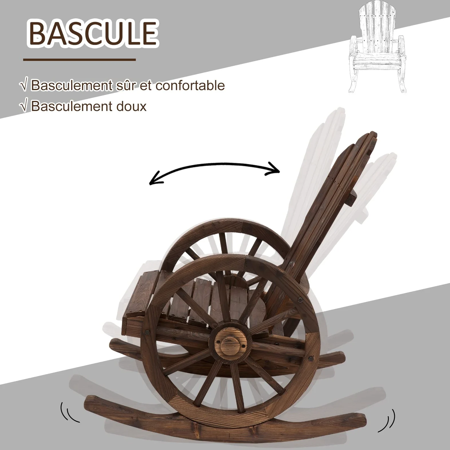 Outsunny Fauteuil de Jardin Adirondack à Bascule Rocking Chair Style Rustique Chic accoudoirs Roues Charette Bois Sapin traité carbonisation