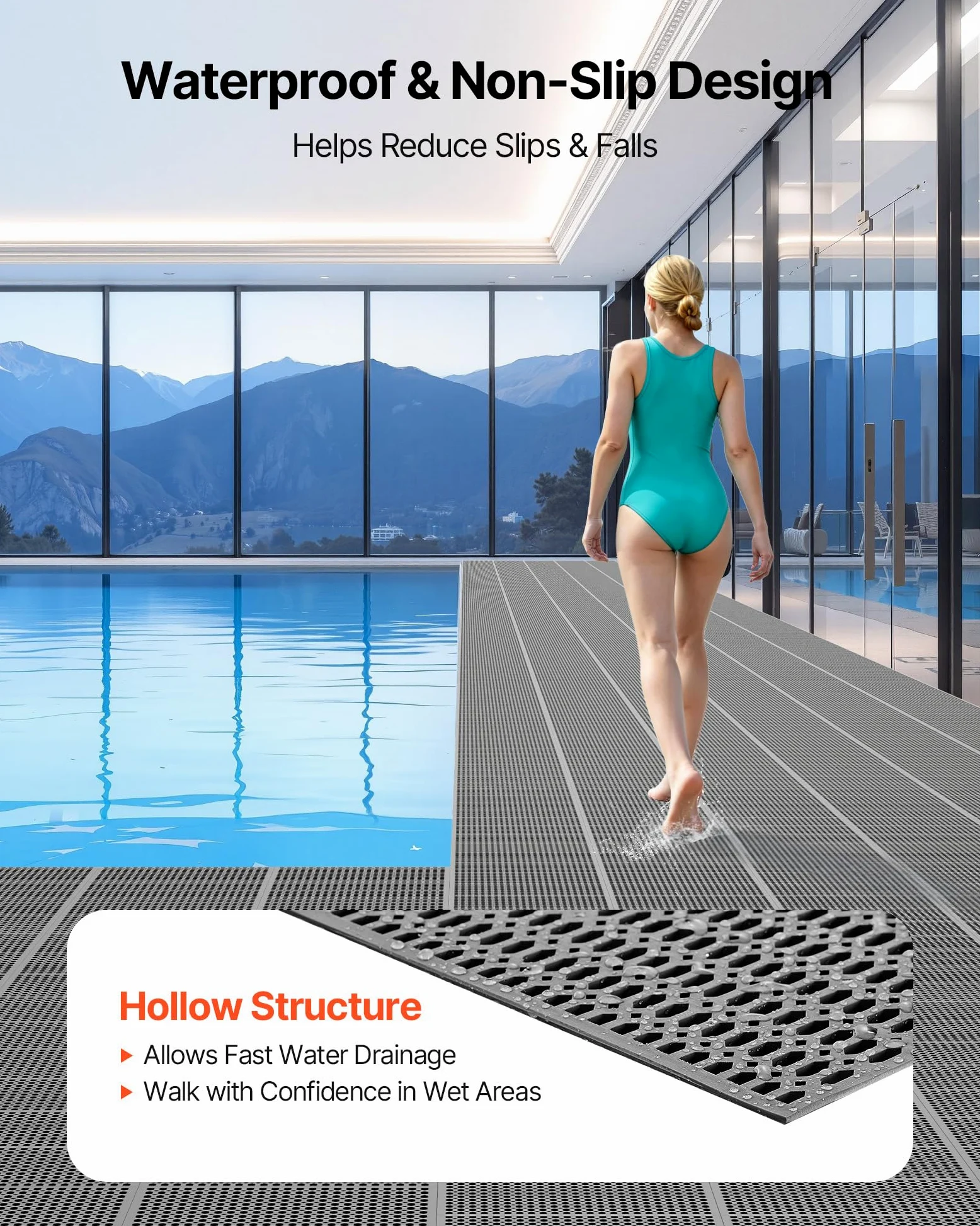VEVOR Tapis de Drainage Antidérapant 90x1500 cm, Caillebotis Piscine en PVC, Revêtement de Sol pour Zones Humides Restauratoin Piscine Terrasse Salle de Bain, Tapis Antifatigue Drainant en Rouleau