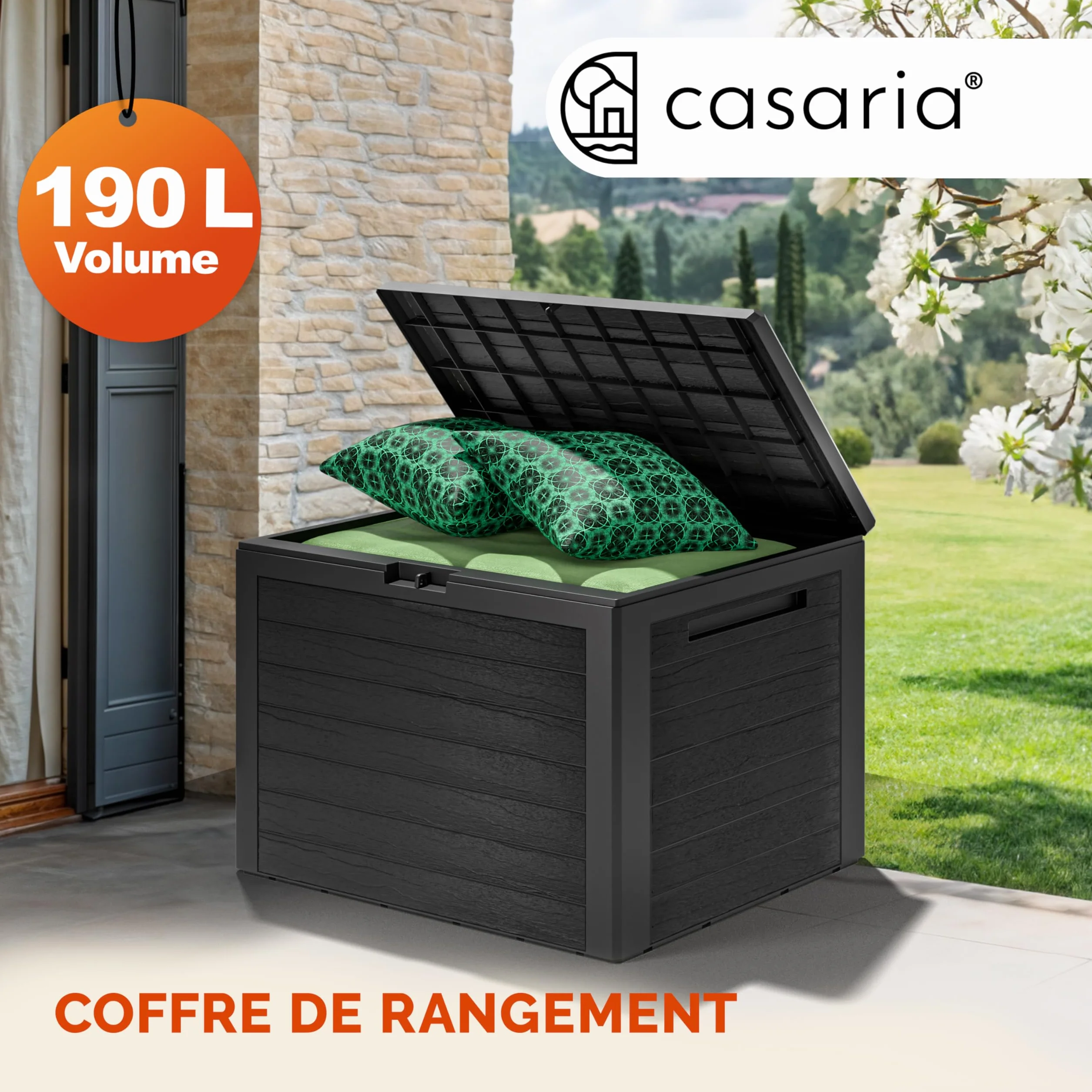 Casaria Coffre de Jardin Exterieur 190 L Anthracite Caisse de rangement étanche Effet Bois