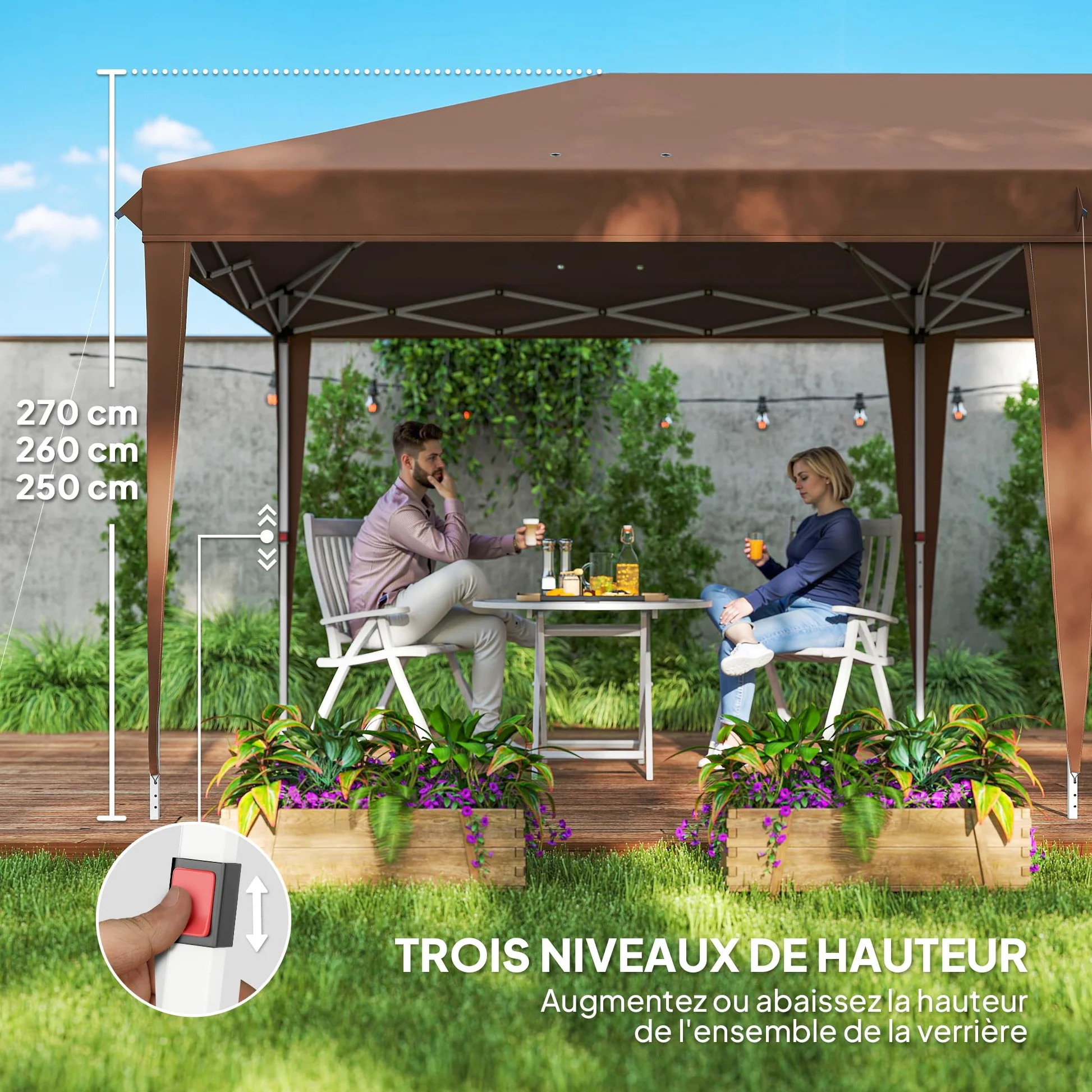 Outsunny Tonnelle Pliante 3x6m tonnelle de Jardin extérieur Barnum de Jardin Pop-up Pliant Sac Inclus Acier époxy Oxford Haute densité Marron