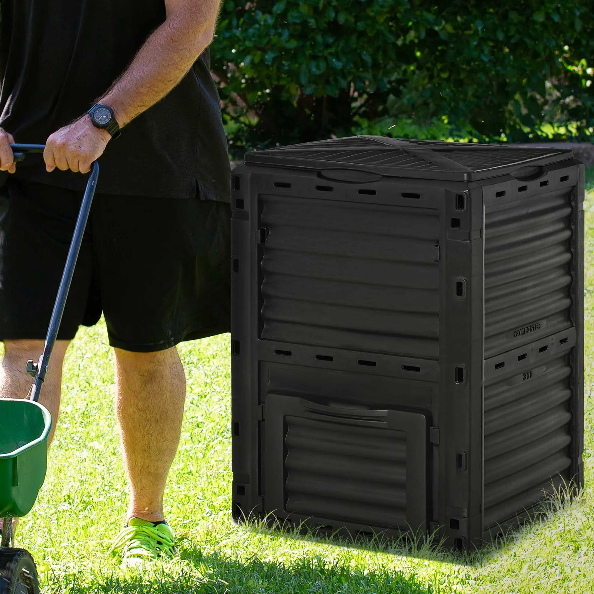 Outsunny Composteur de Jardin 300L, bac composteur polypropylène, 48 aérations, Noir