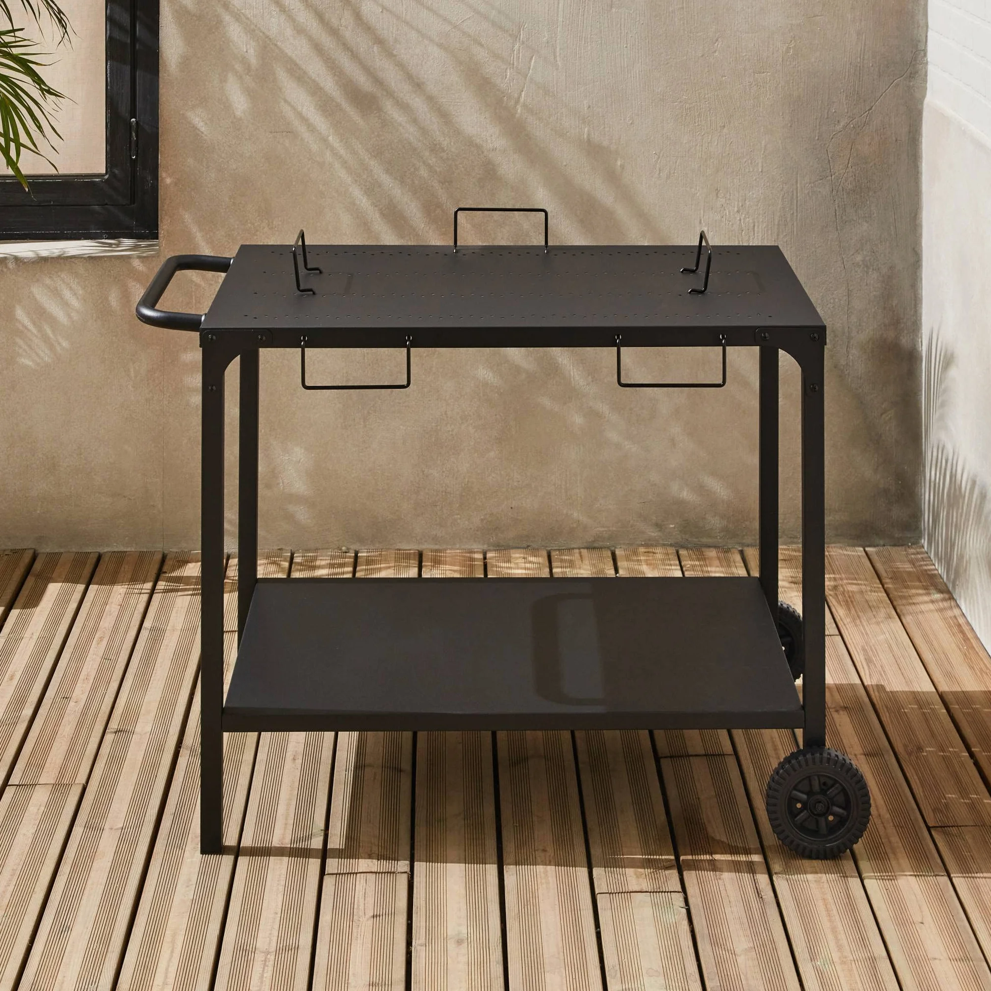 Alice's Garden Desserte extérieure Noire en Acier modulable pour plancha avec Deux Roues
