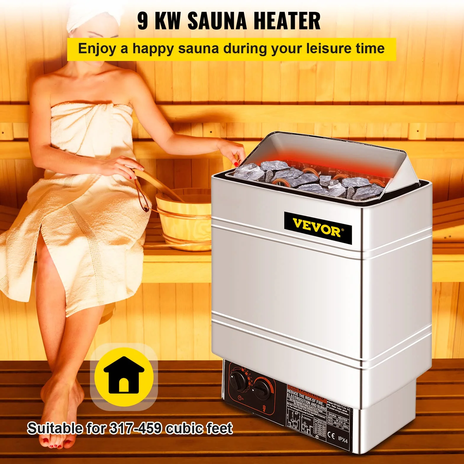 FlowerW Poêle pour sauna électrique 9 kW 380-415 V avec commande externe et capteur 3M