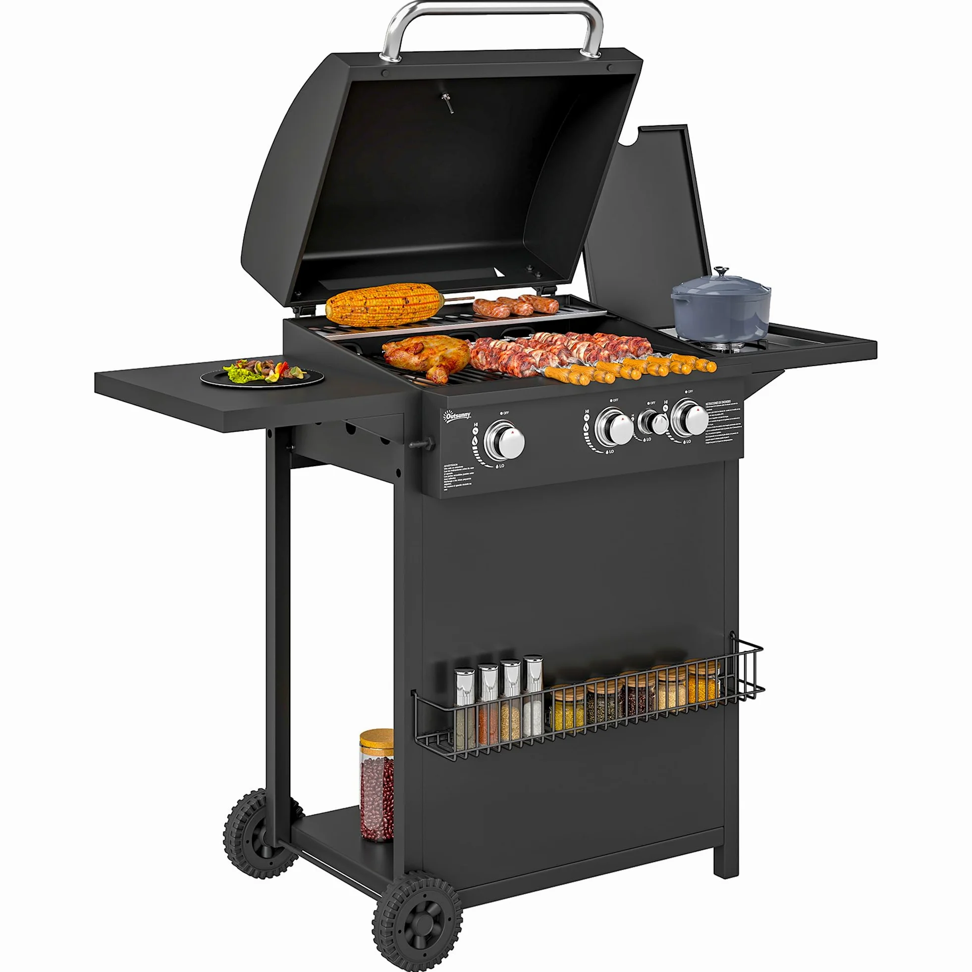 Outsunny Barbecue gaz 3+1 brûleurs en acier, puissance 9,5 kW, barbecue de jardin 2 grilles en chromé, étagères latérales, 2 roues, thermomètre, couvercle, pour camping et terrasse, noir