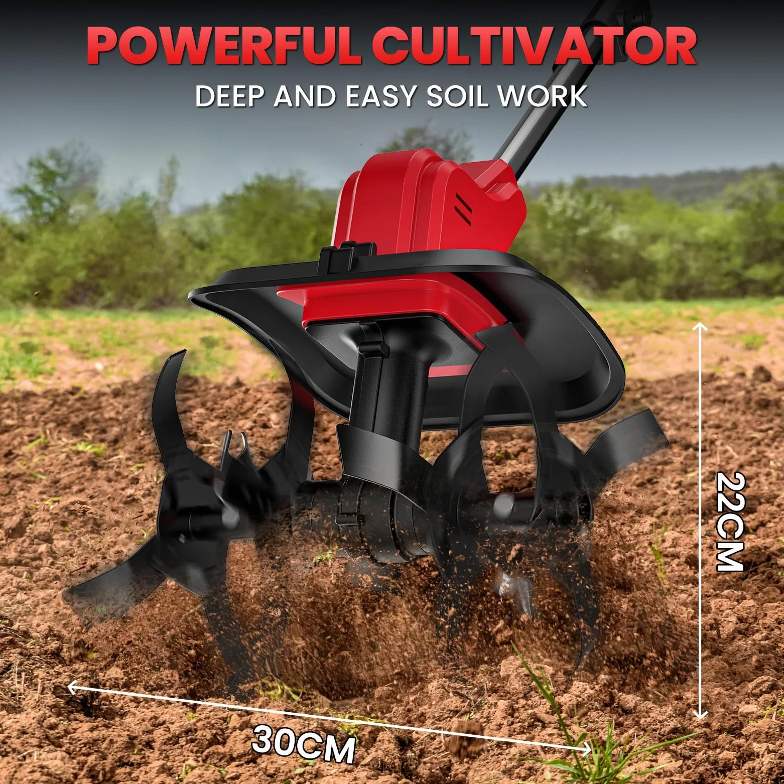 Motobineuse Électrique, 21V Motoculteur Électrique sans Fil avec 2 × 4.0Ah Batterie, Trois Types de Lames, Interrupteur à Double Sécurité, 30CM Largeur et 22CM Profondeur, pour Jardinage et Cultivate