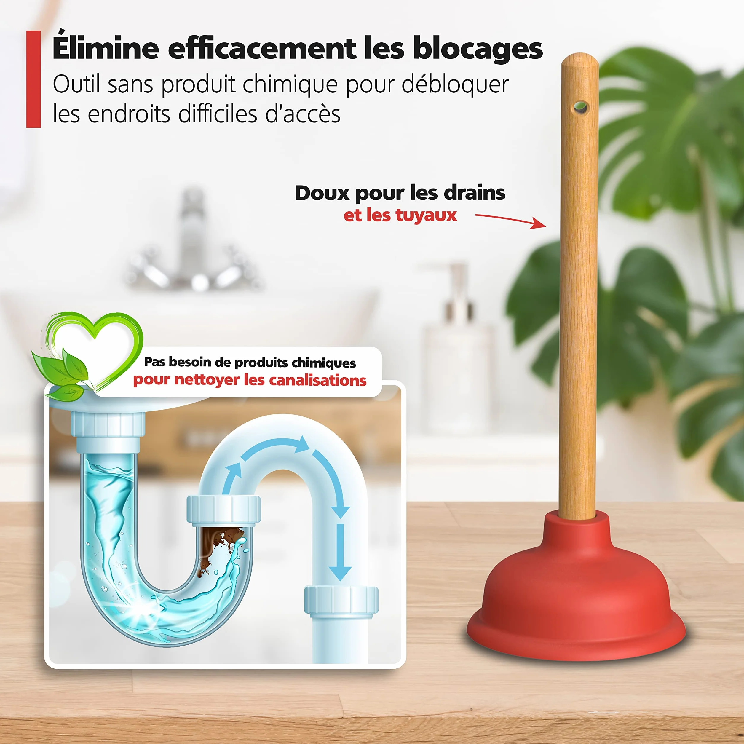 Nirox Déboucheur à ventouse 110 140 mm Débouchage canalisation avec poignées en bois sans produits chimiques