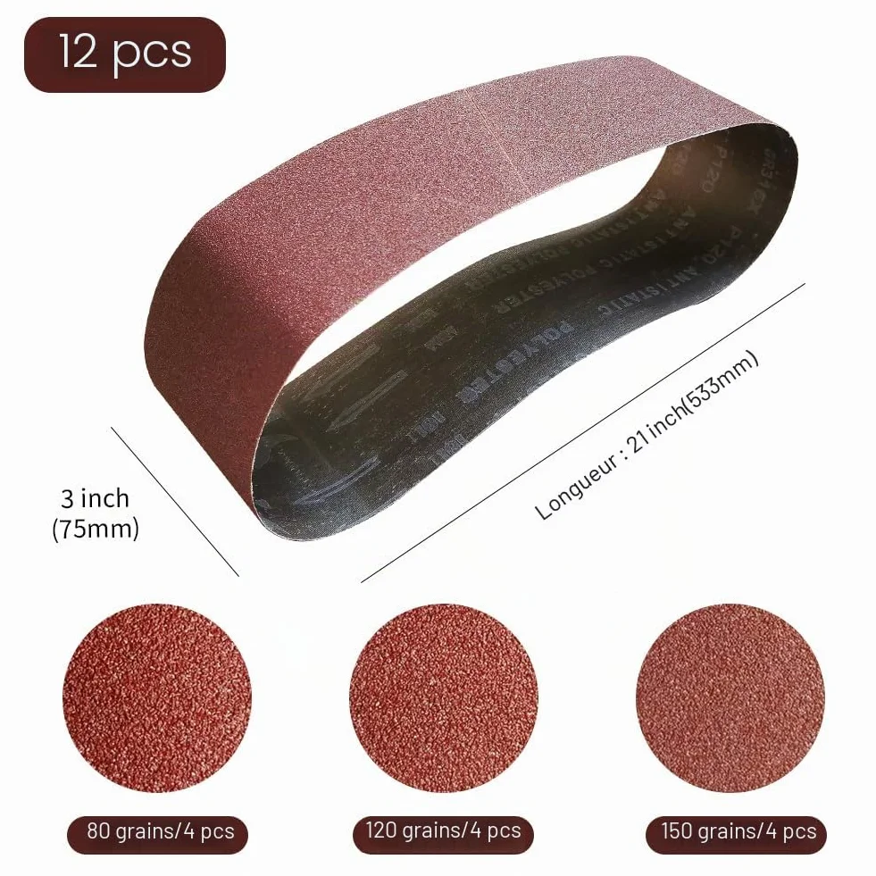 Bande Abrasive 75 x 533mm Bande de Ponceuse Mixte 4 Grains 80/120/150 12 Pièces