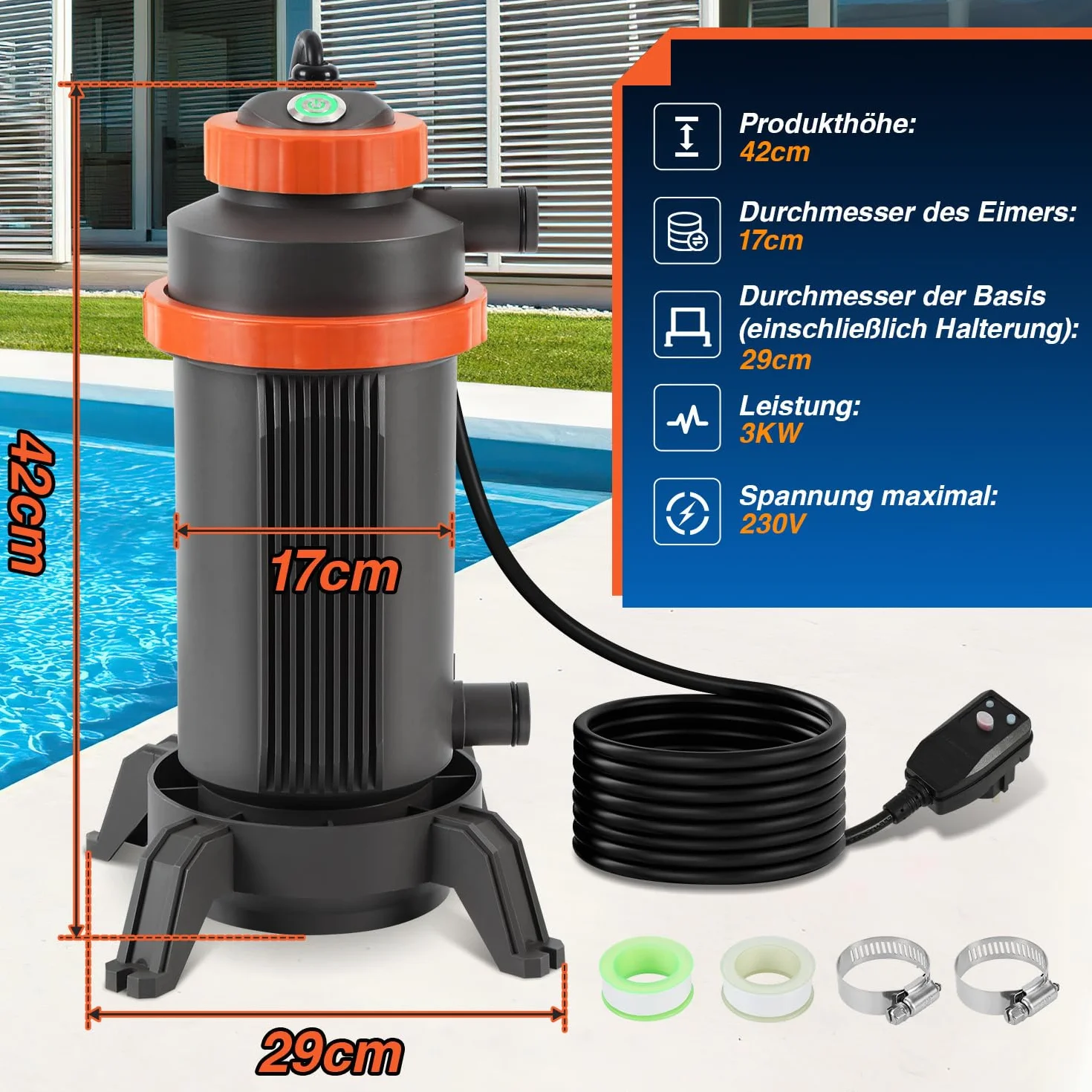 Chauffage électrique de piscine 3 kW affichage numérique protection sécurité 4 positions raccord 32-38 mm